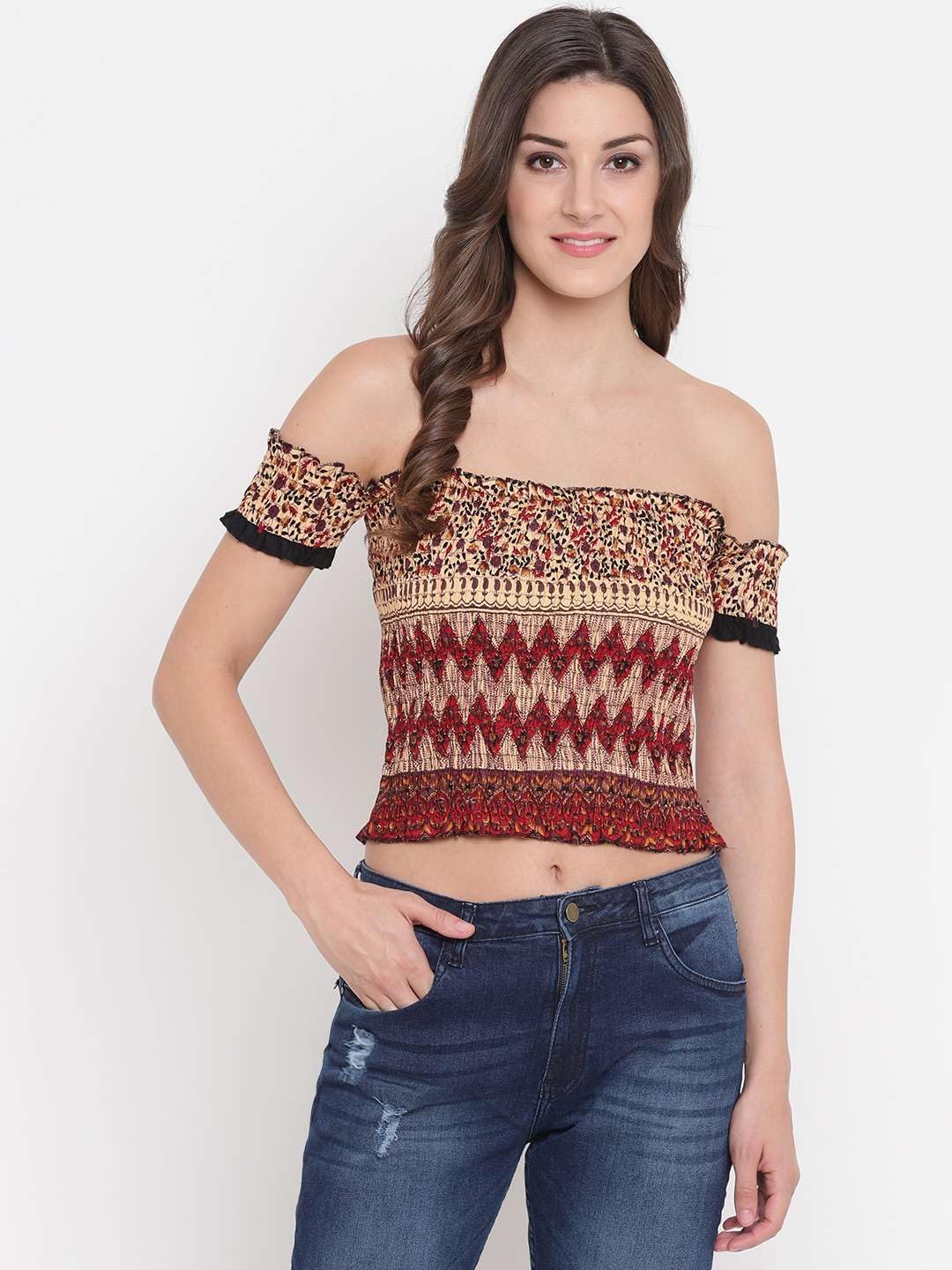Zenvy Crafts Women's Rayon Printed Off-Shoulder Smocked Crop Top Short Sleeve Casual Styles Tank Top (Free Size) Multi8