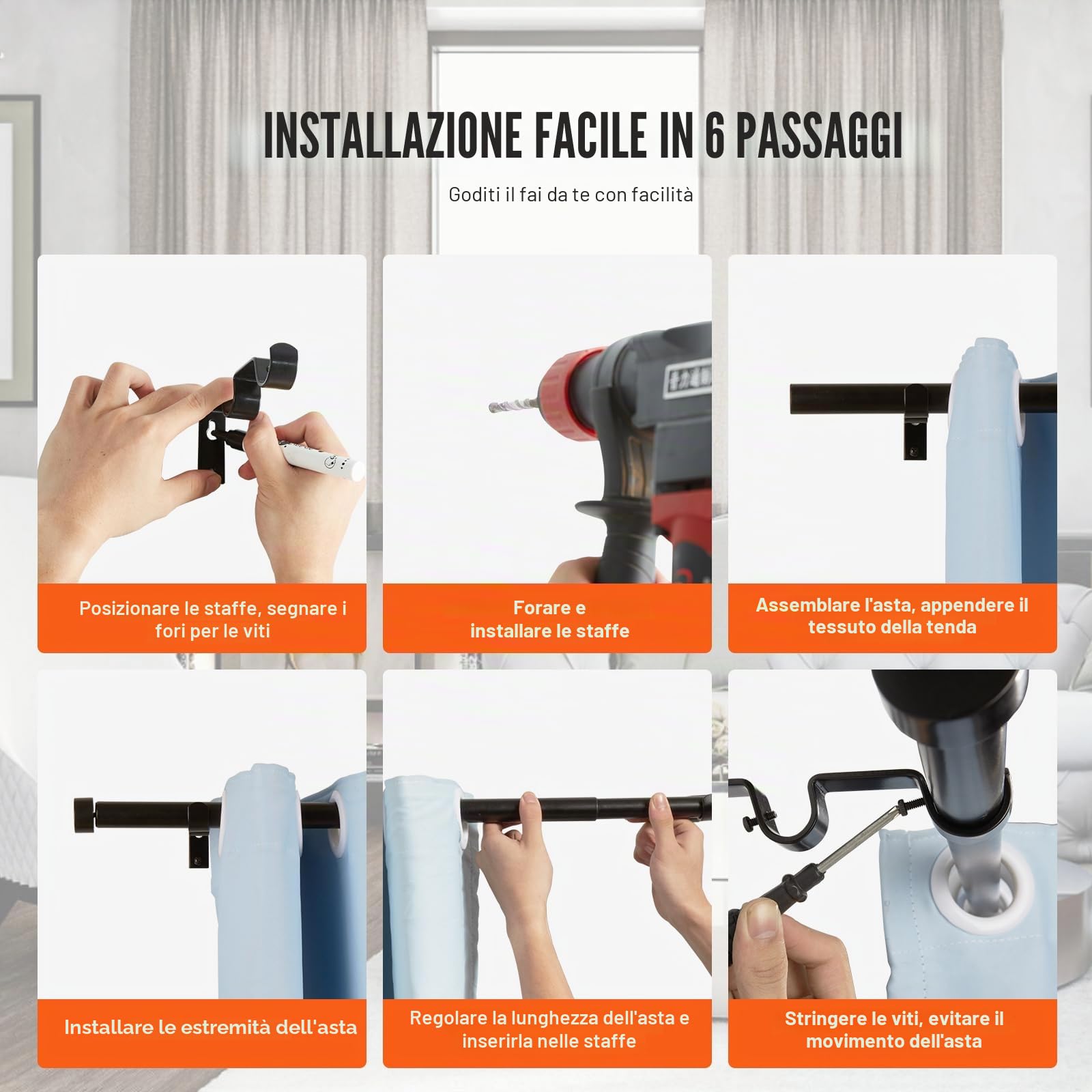 VEVOR Bastone per Tende Doppio Bastone per Tende Estensibile 92-183 cm Carico max. 13,6 kg ca., Asta per Tende da Interno Lunghezza Regolabile per Soggiorno Bagno Camera da Letto, Palo Doppio Tende