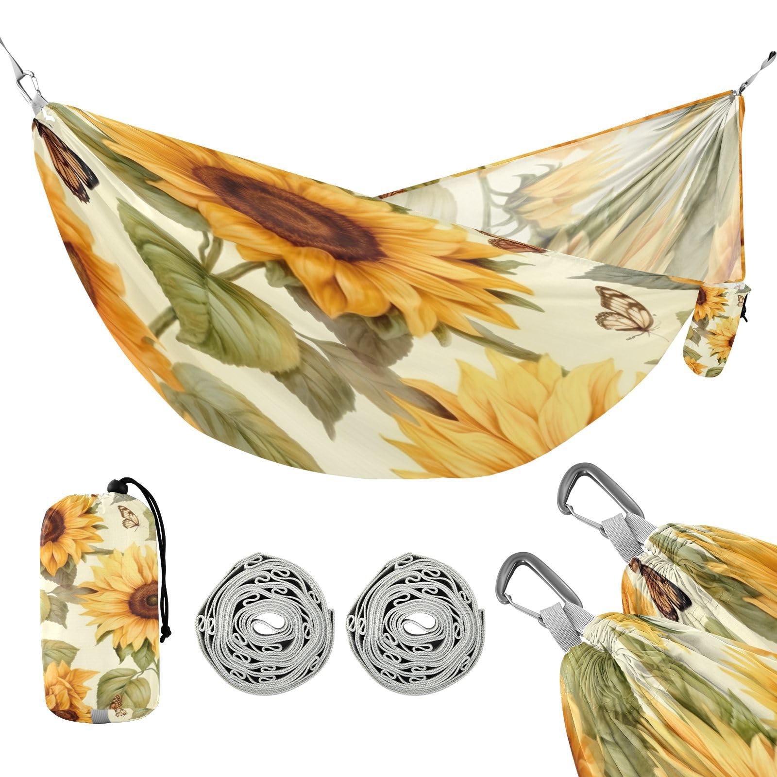 Haskirky Sunflower Butterfly Camping Hammock, Single Portable Hammocks with Tree Straps & Attached Carry Bag, 330Lbs Capacity Perfect for Outside Indoor Hiking Beach Backpack Travel