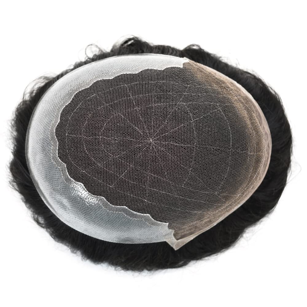 Toupee For Men Swiss Lace Hair Replacement System Virgin Human Hair Piece Men’s Toupee Lace Front Men Hair Piece Poly PU Skin At Back Protesis Capilar 7"X9" #1 JET BLACK 90% Density