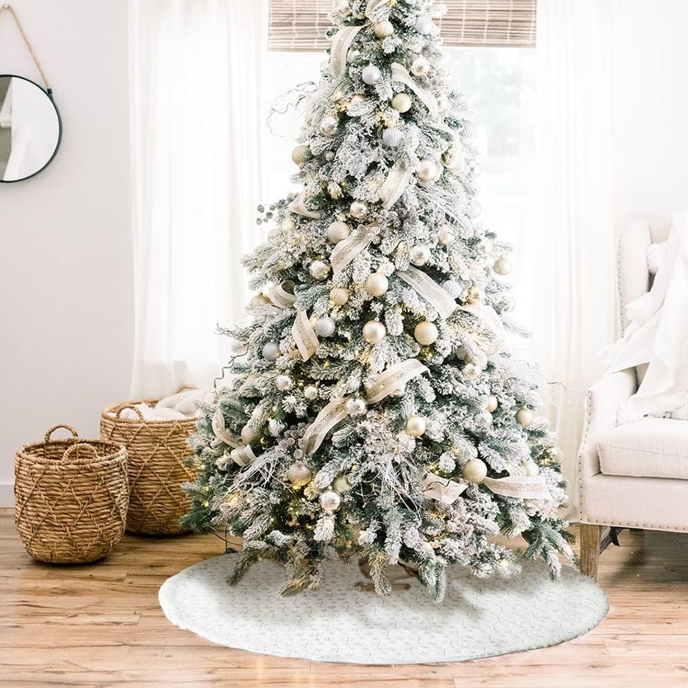 YEAHOME 48 Inch Christmas Tree Skirt, White Soft Velvet Tree Skirts with Reflective Snowflakes Plush Xmas Tree Skirts White Ornaments Christmas Decorations Xmas Party Holiday Decor