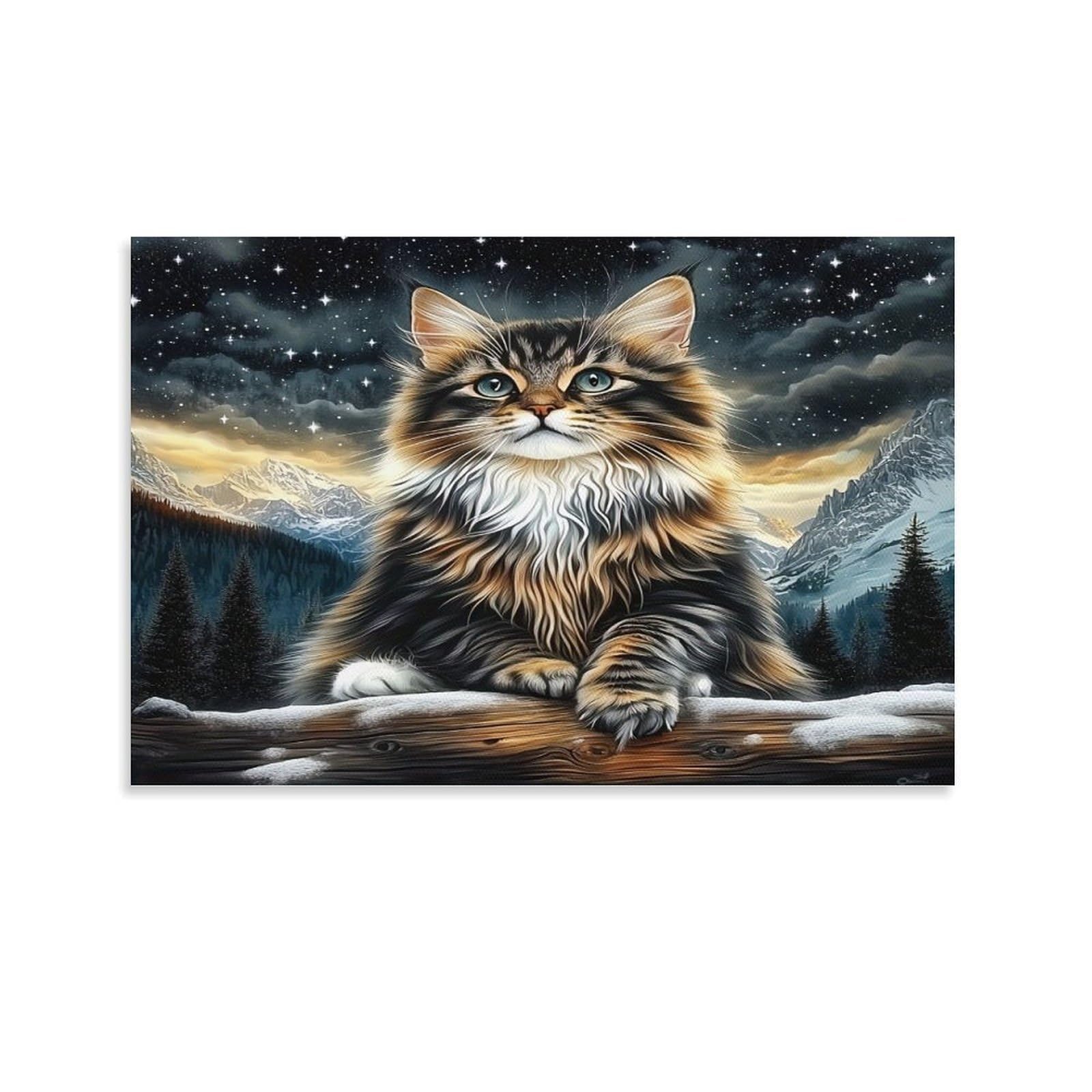 CPLVKWRQJ Starry Night Cat Individual Fluffy Tabby Cat Under Starry Mountain Sky Framed Canvas Art - Living Room Focal Point Fade Resistant Gallery Wall Decor 12x18inch(30x45cm)