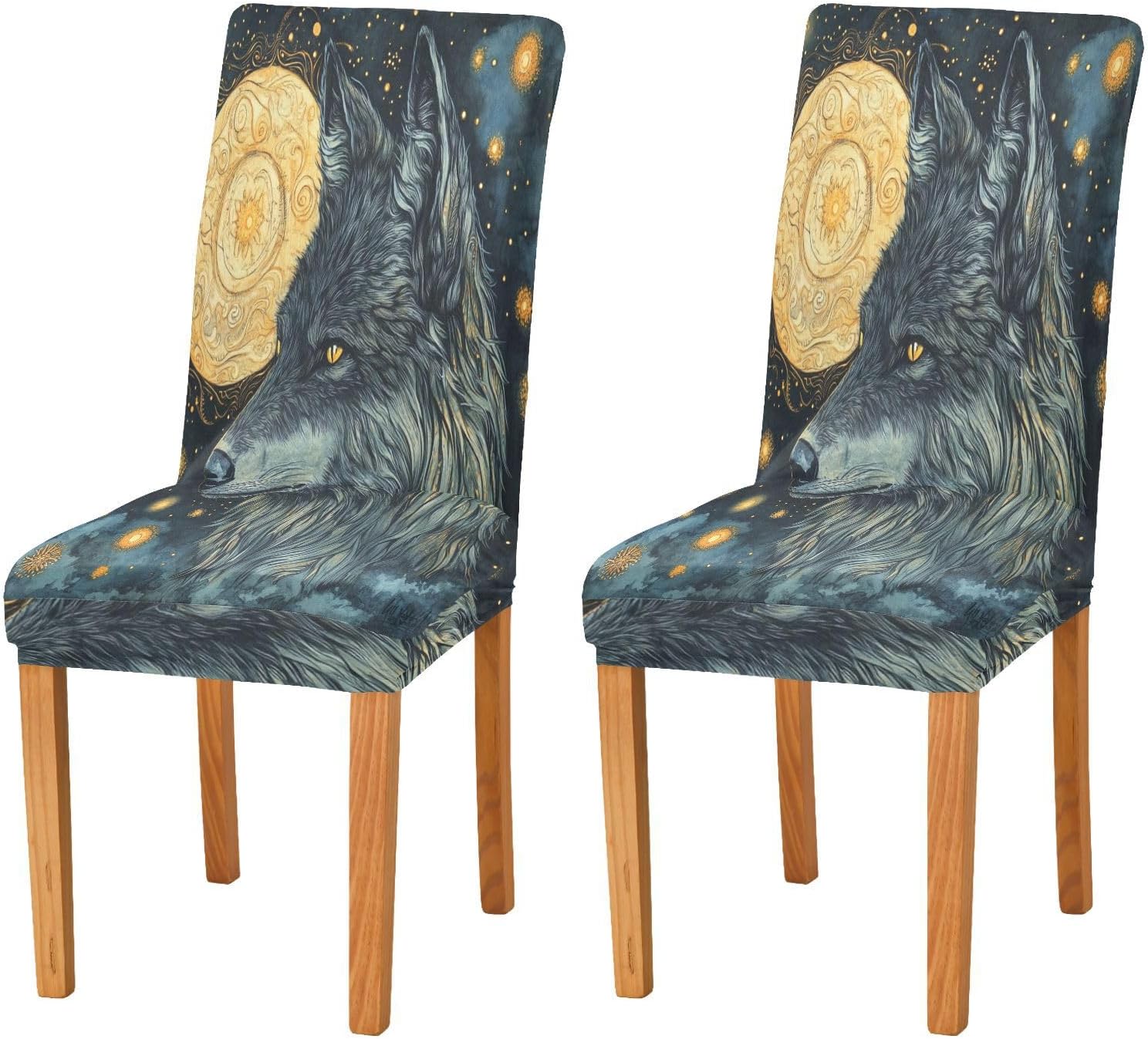 ALAZA Chair Covers for Dining Room, Fantasy Starry Wolf Stretch Chair Cover Sets Chair Protector Removable Washable for Ktichen Restaurant Hotel