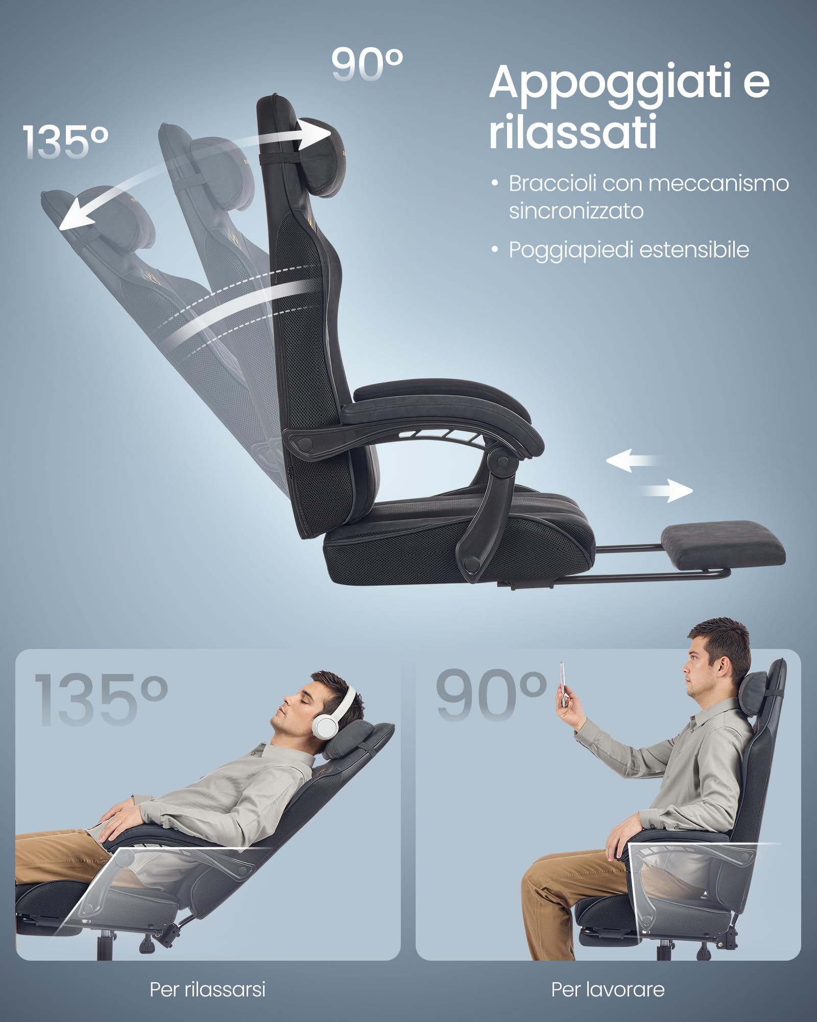 SONGMICS Sedia Gaming, Sedia da Ufficio Scrivania, Ergonomica, Seduta con Molle, Poggiapiedi, Braccioli con Meccanismo Sincronizzato, Nero Inchiostro OBG079B01