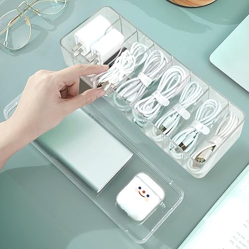 Miniatura 5 de Songaa Caja organizadora de electrónica transparente con 10 bridas de cables, caja de gestión de cables de escritorio con tapa, estuche organizador