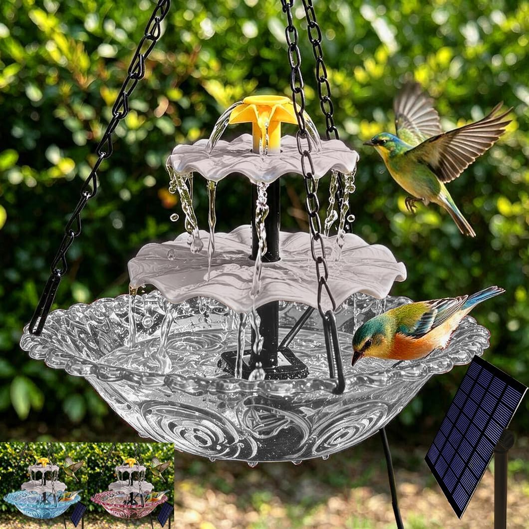 TUGFREE Solar Fountain for Bird Bath, Hanging Outdoor Water Feature with Solar Powered Cascade, Bird Bath Fountain for Garden Patio Yard Made of Transparent Acrylic Water Basin(Gary)