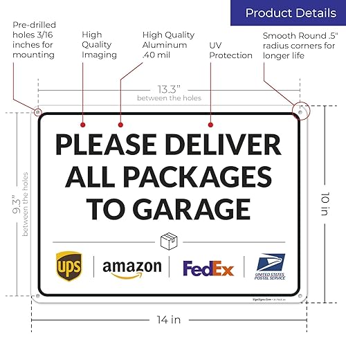 Vista 539 de Cartel de entrega del paquete, letrero de instrucciones de entrega, 10 x 7 pulgadas, aluminio 040 libre de óxido, resistente a la decoloración