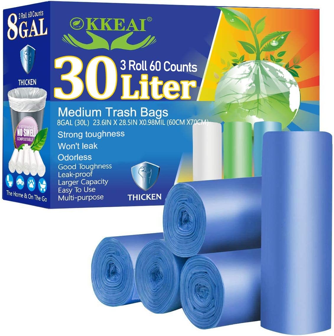30 Liter Biodegradable Kitchen Trash Bags - Thicker 0.98 MIL Recycling Bags, Medium Wastebasket Liners for Home Office, Lawn, Bathroom - 60 Count- Blue