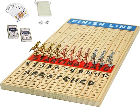 Horse Racing Game Luxury Horse Racing Board Game with 11 Luxury Metal Horses, 2 Dice and 2 Playing Cards 53 cm Large, Wood color
