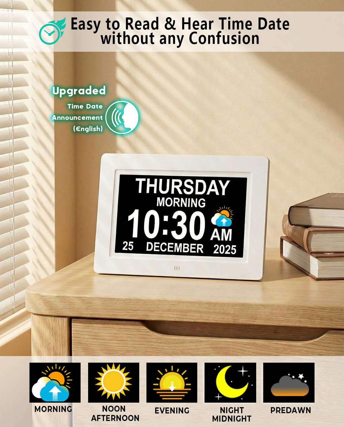 MASSII 【Aggiornato】 Orologio digitale con icone Auto DST e Sun Luna, 20 allarmi promemoria personalizzati, calendario giorno data orologio per anziani, demenza Alzheimer, orologio da 17,8 cm (nero)