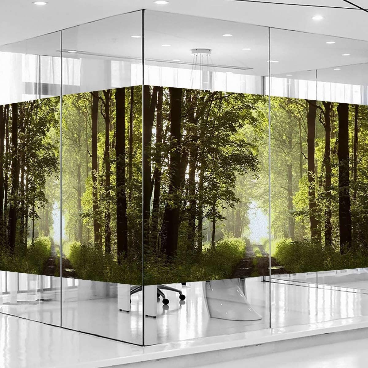 Green Brown Stained Glass Window Film, Static Cling Decorative Window Film,for Glass Door Home House Office, Misty Autumn Forest Landscape Privacy Window Film 35.4Wx63L-inch x2 Pcs