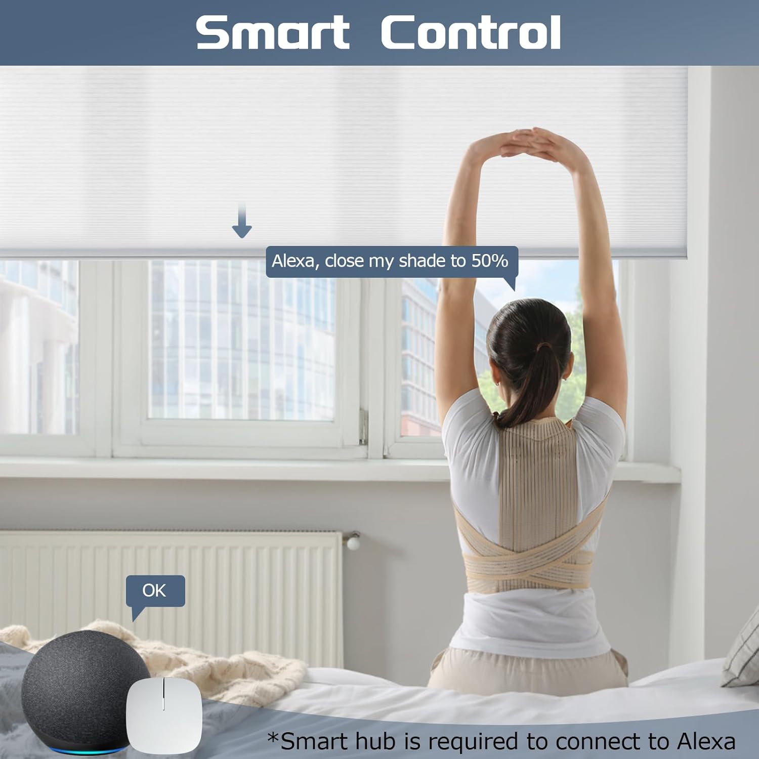 Motorized Cellular Shades Compatible with Alexa Google Home Smart Electric Honeycomb Window Blinds Cordless Rechargeable Remote Control Custom Size Single Cell 60% Blackout White