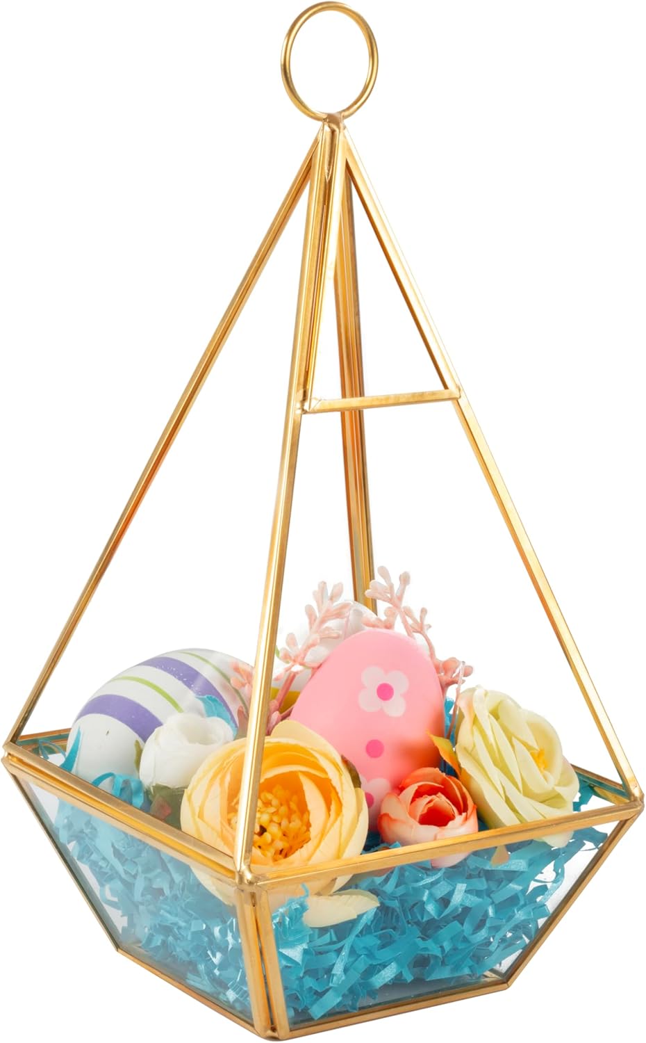 D'Eco Glass Gold Pyramid Centerpiece (5x5x10)- Hanging Planter Terrarium - Spring Easter Home Decor & Wedding Letterbox - Fill w Succulents, Moss, Colorful Eggs, Rabbits, Grass- Gift for Plant Lovers