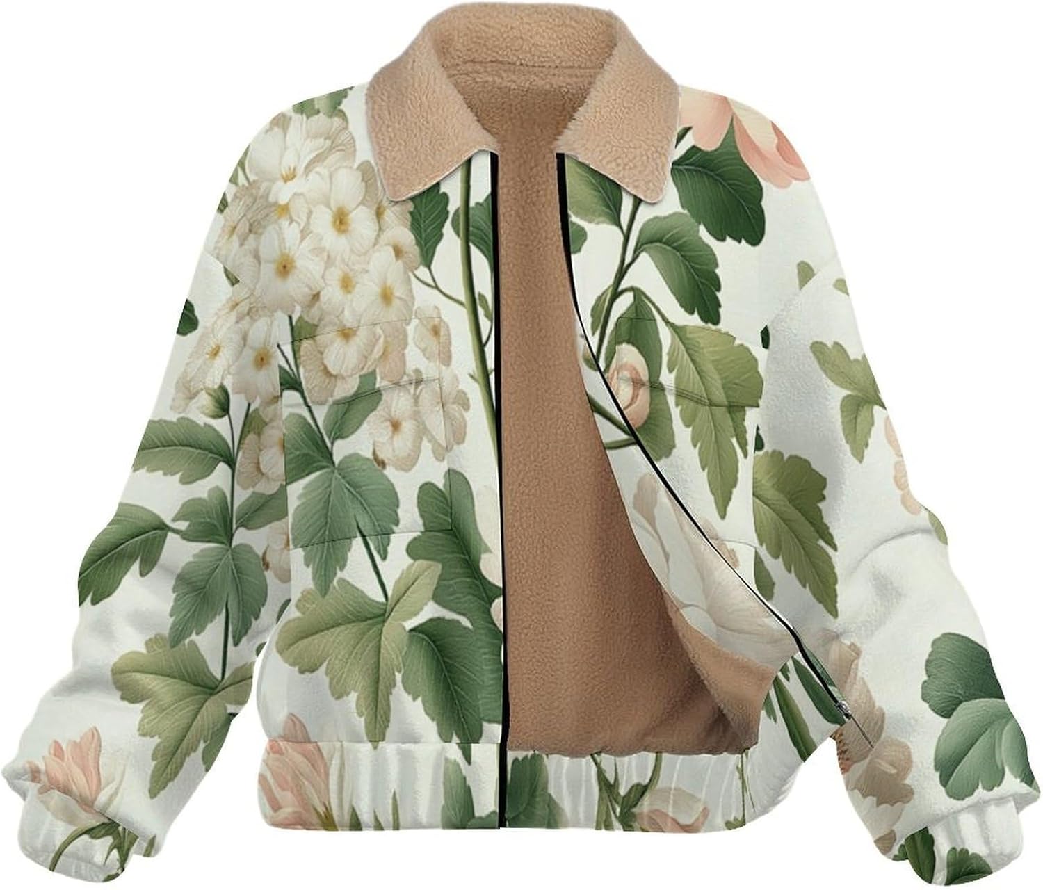 Women's Casual Full Zip Up Sherpa Lined Sweatshirt Jacket Coat, Plants flowers leaves Print Winter Warm Outwear