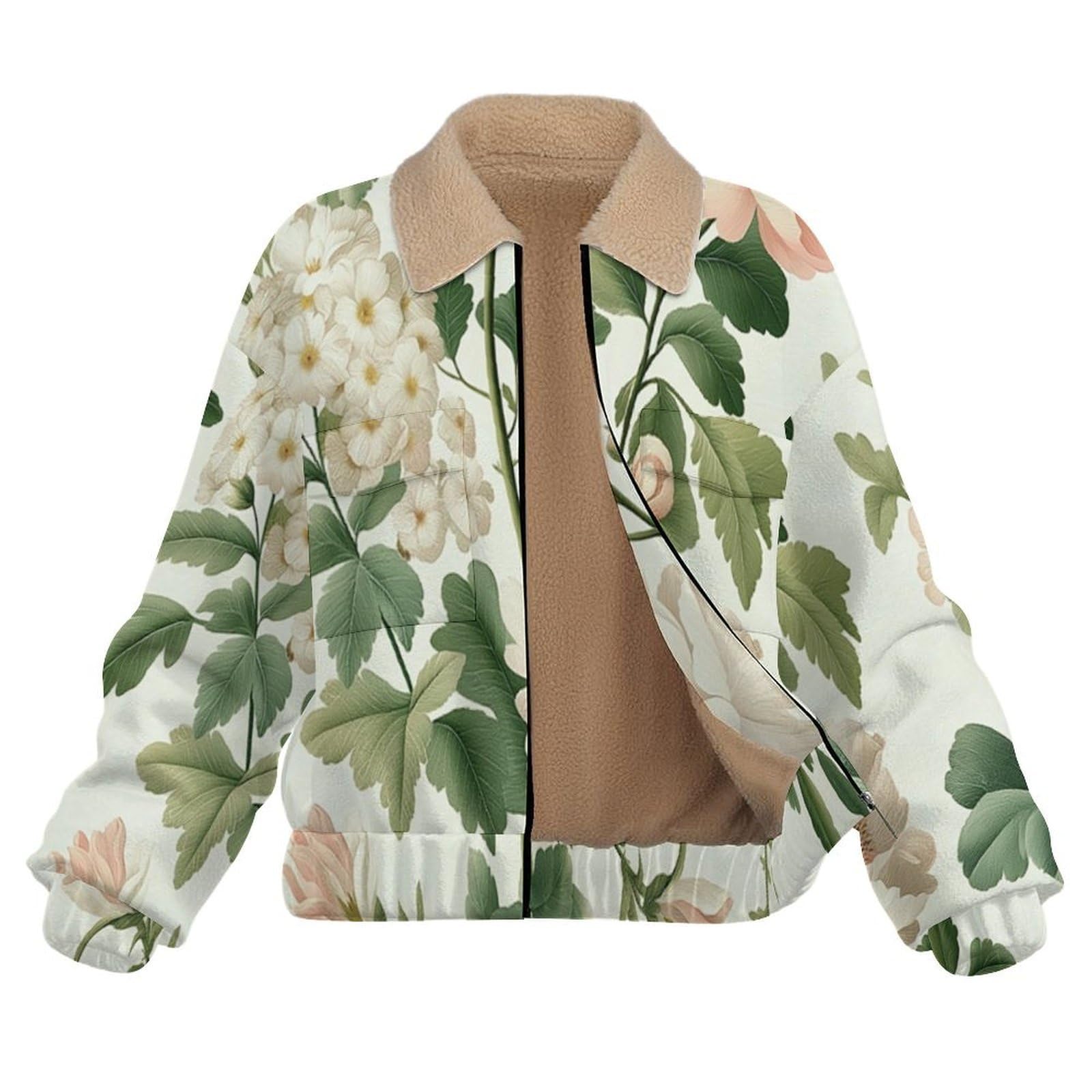 Donna Pile Giacca con Cerniera 2 Face, Piante fiori foglie Retrò, Comoda in Pile di Velluto Spesso e Tasche Giacca Calda, Casual Grande Giacche Autunno e Inverno