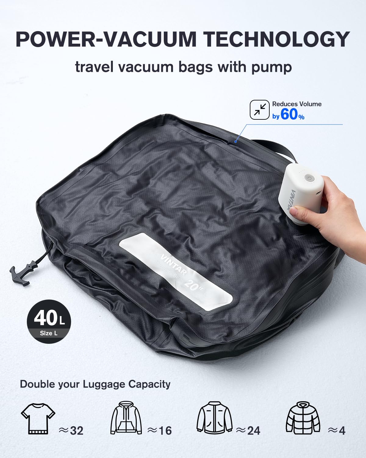 Vakuumbeutel für Reisen, platzsparende Vakuum-Aufbewahrungsbeutel mit IP68 wasserdicht, Vakuumbeutel für Kleidung Reisen, wiederverwendbare Kompressionsbeutel für Handgepäck und Rucksack (40 l, 2
