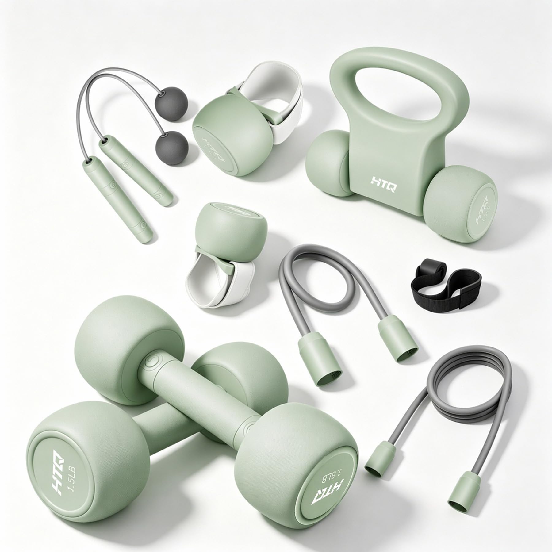 HTQ Set fitness per la casa da donna, manubri regolabili piatti, kettlebell, fascia di resistenza
