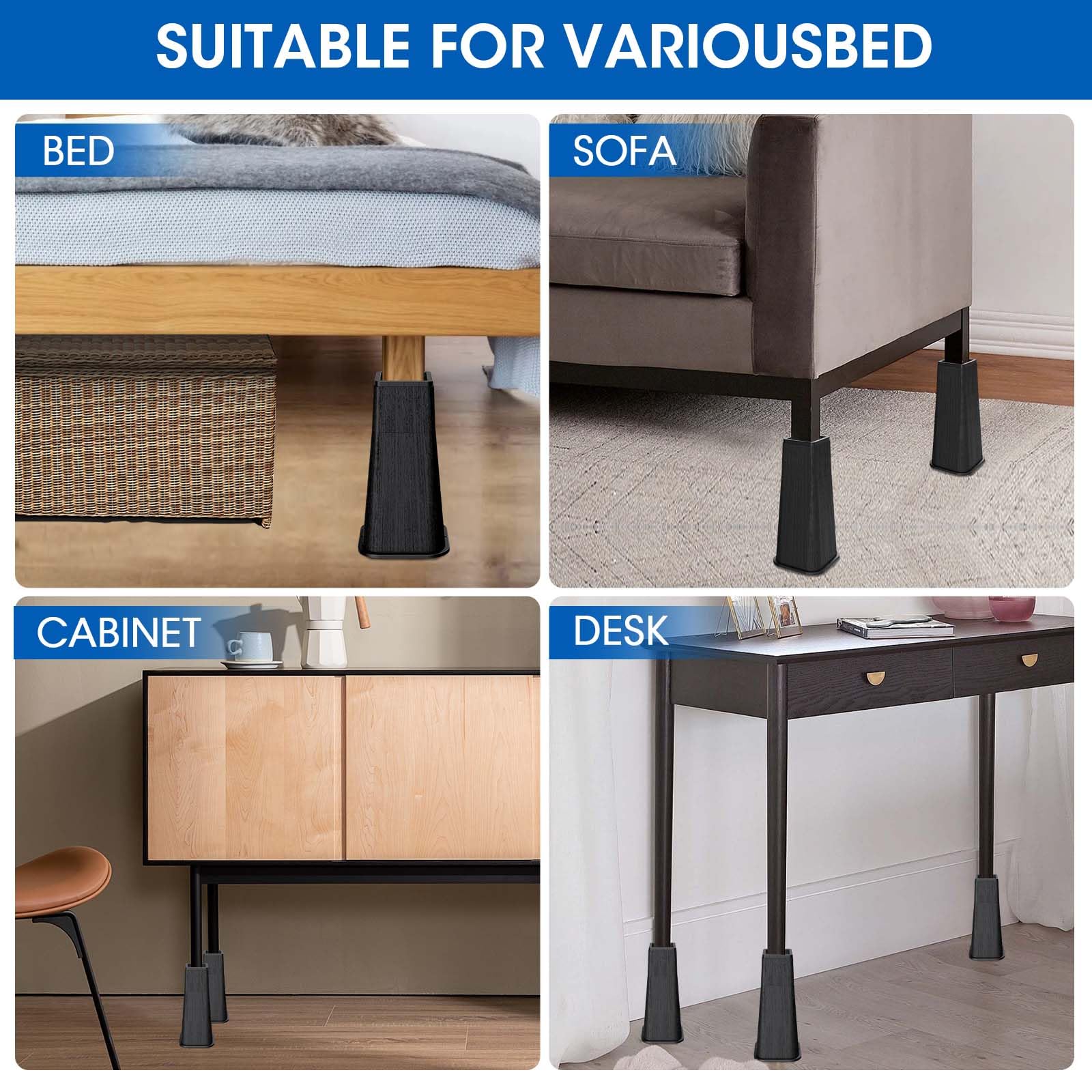 MYMULIKE Rialzi per letto da 35,6 cm, resistenti, rialzati per mobili di grandi dimensioni, 35,6 cm, supporto 2,721,6 kg, adatti per divani, sedie, ascensori per mobili, confezione da 4, nero