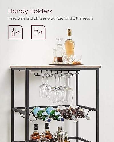 Miniatura 38 de VASAGLE Carrito de bar, carrito de servir, estante de cocina móvil con estante de copas de vidrio y soportes para botellas de vino, industrial,