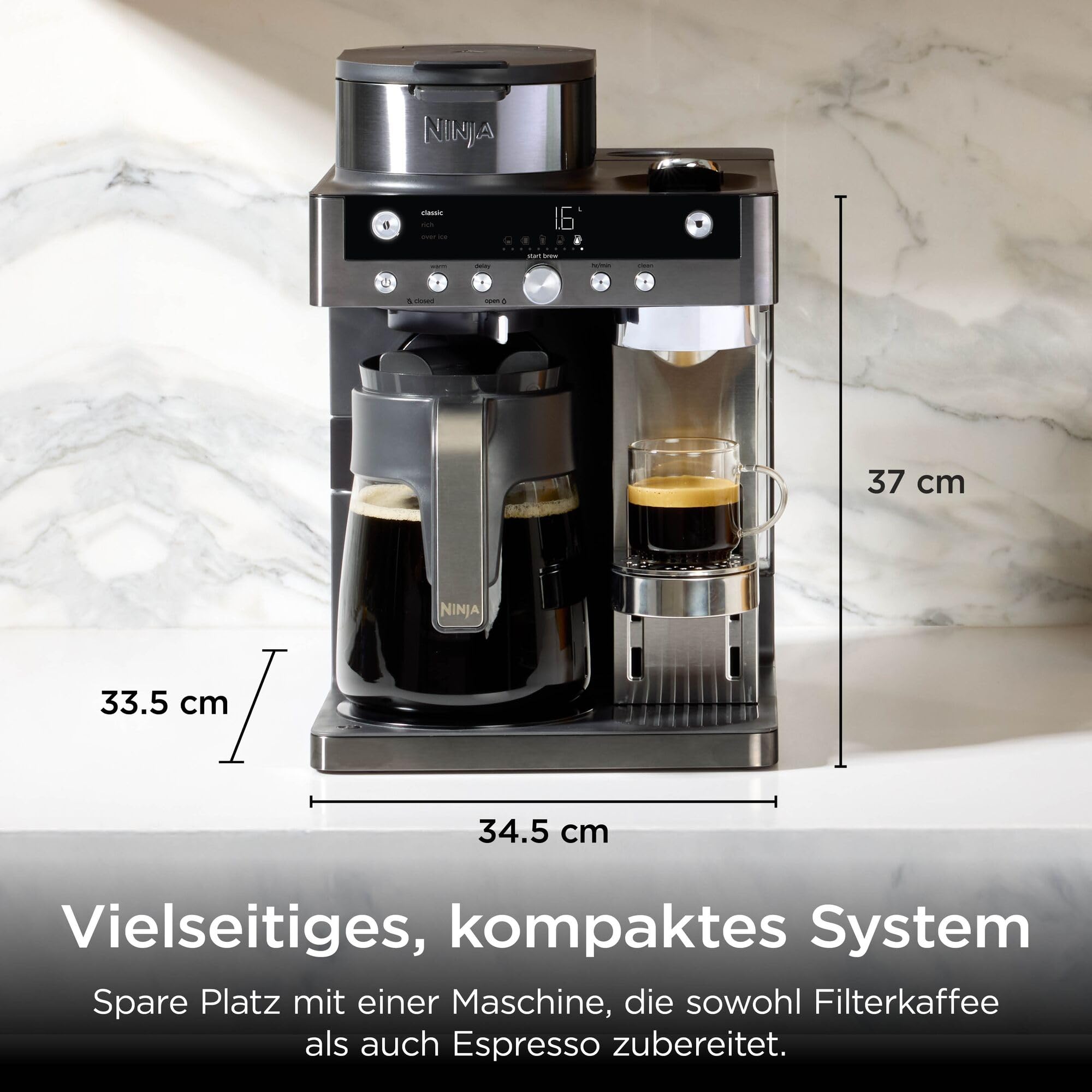 Ninja Prestige 2-in-1 Filterkaffee- und Kapselmaschine mit integriertem Milchaufschäumer, für Latte, Eiskaffee und Flat White, Grau-Metall CFN802EUGM