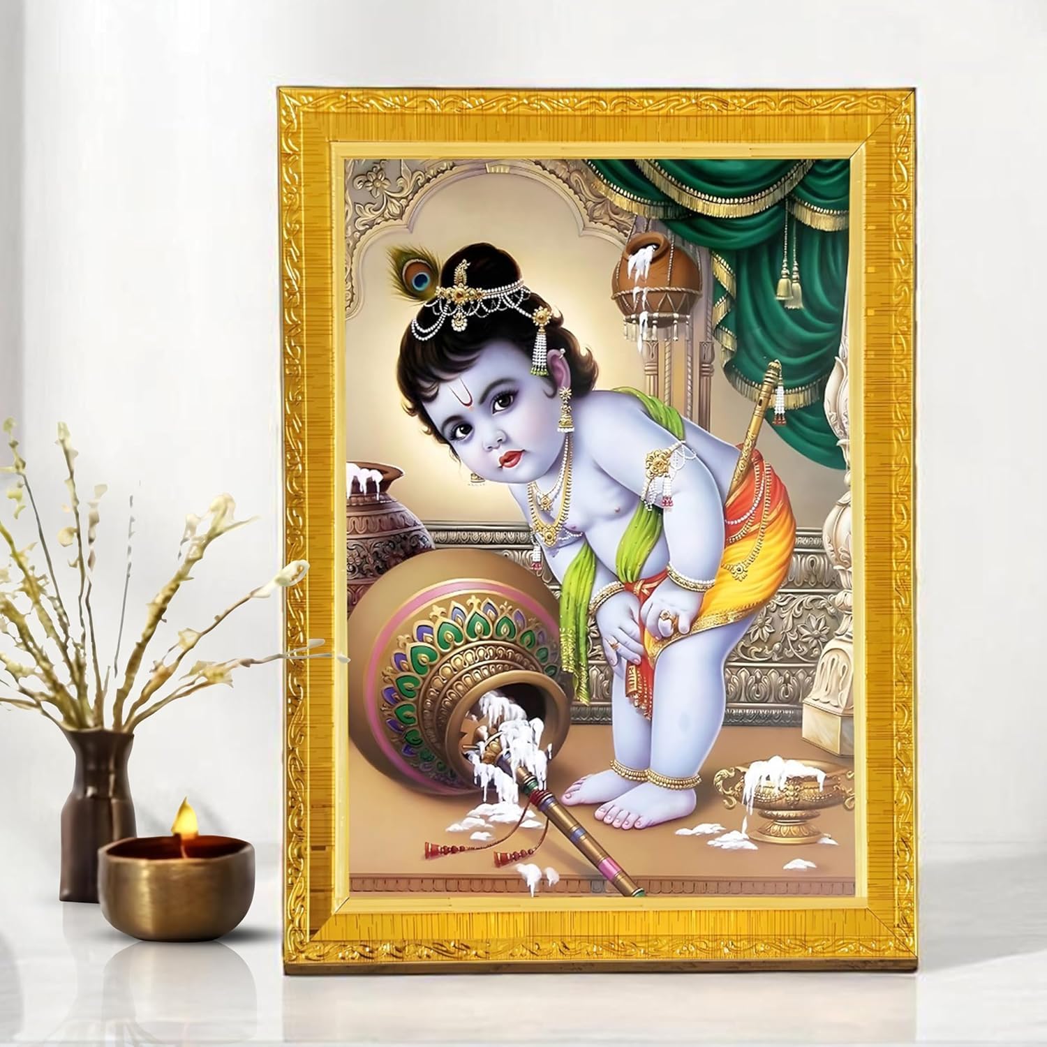 Art Street Lord Little Krishna Makhan God Photo Frame For Mandir Hindu Deity Wall Art Home Office Living Room Decor Spiritual Art Prints Religious Temple Decoration Worship Gift (10x13 Inch)