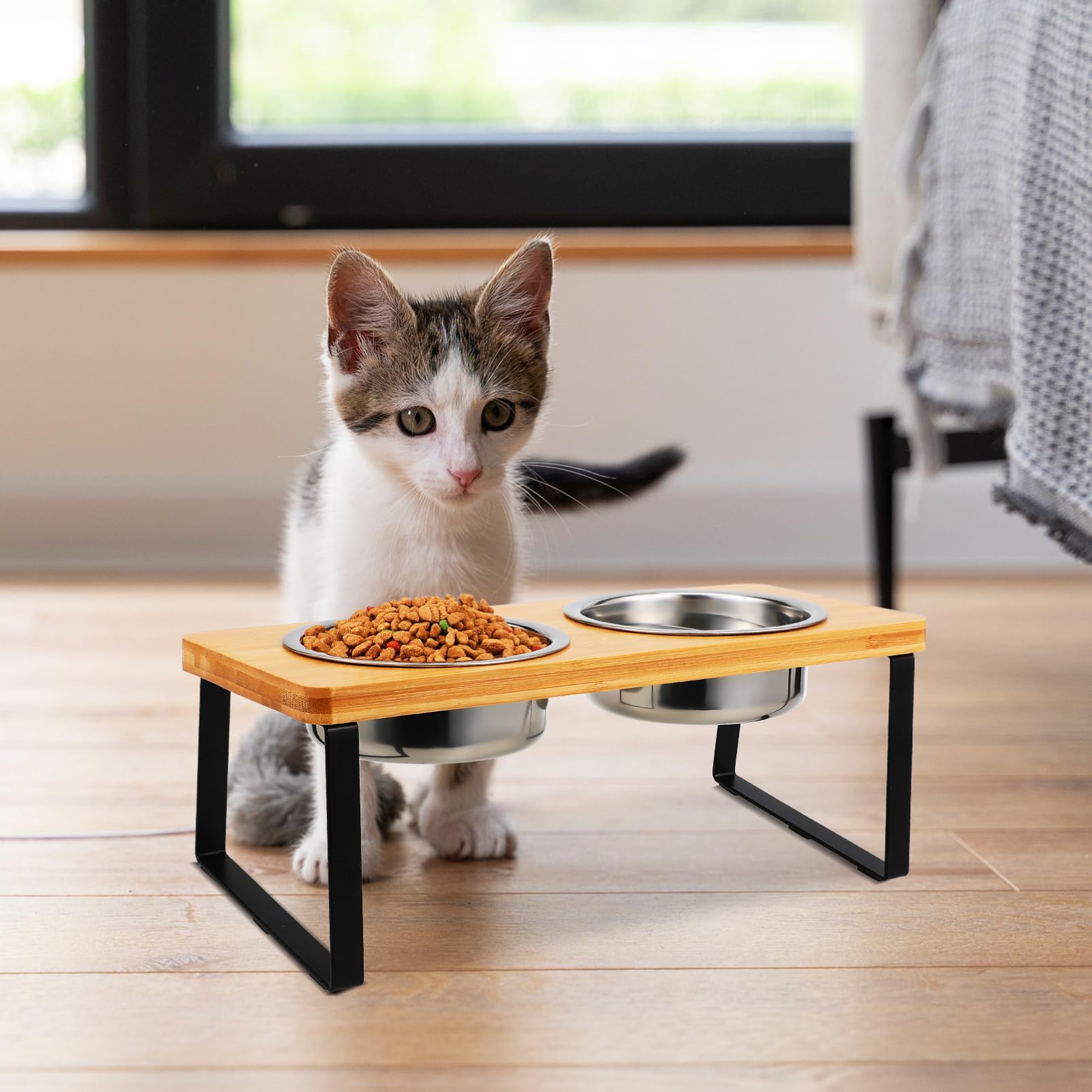Ciotola per Gatti Rialzata con Doppie Ciotole in Acciaio | Set con Supporto, Uso Interno per Gatto e Cane Piccolo, Design Elegante, Legno e Acciaio Inox