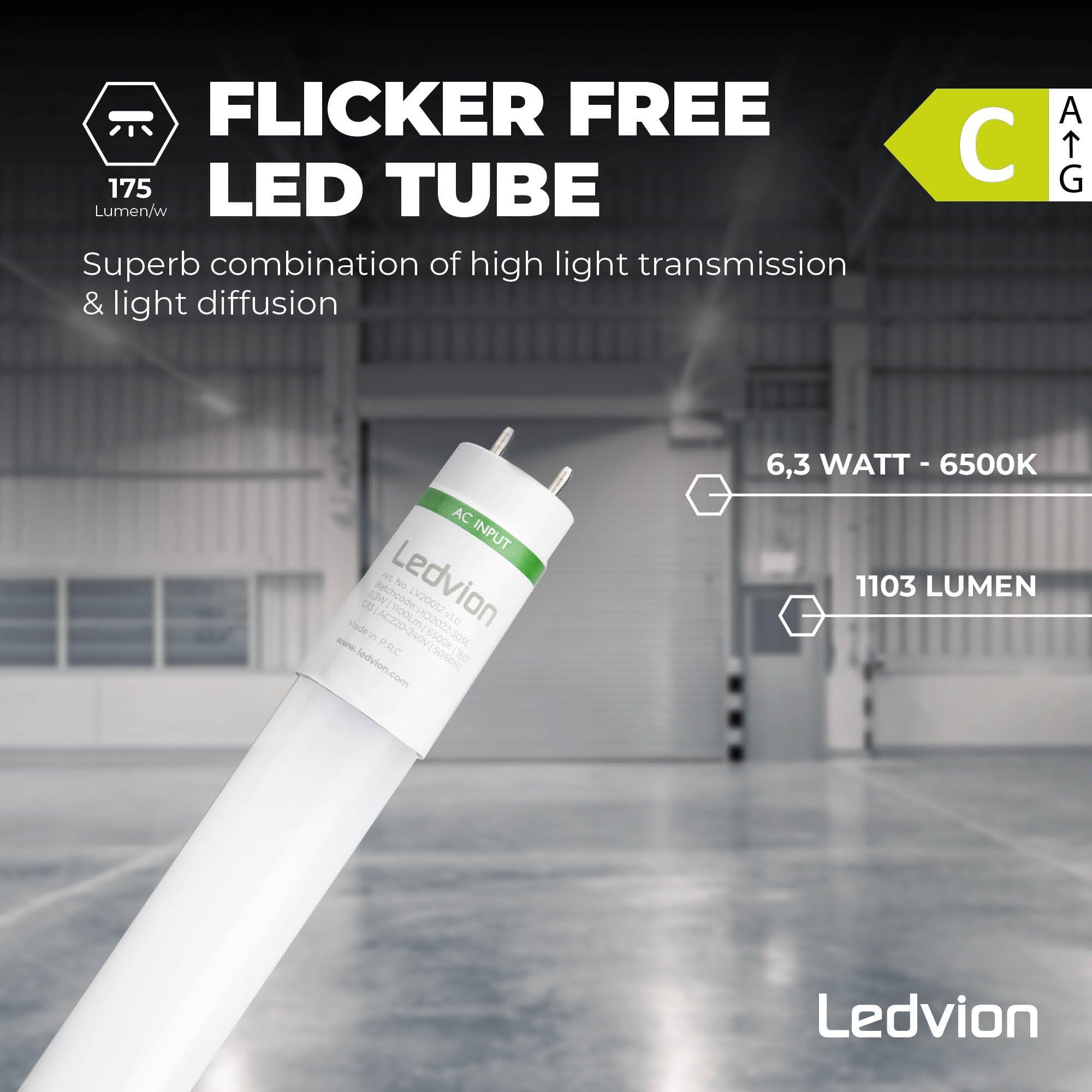 Ledvion - 10X Tubos LED TL, 60CM, 6.3W, 6500K, 175lm/W, Etiqueta Energética C, Incluye Arrancador LED