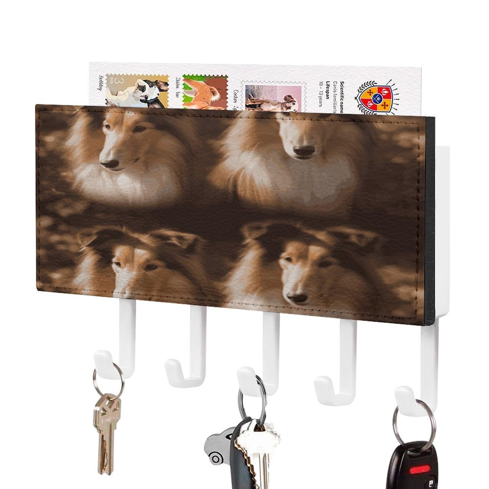 FekiLoot Shelties Key Holder Wall Mount Key Hooks for Wall Decorative with 5 Hooks PU Mail Rack Organizer with Shelf for Entryway Mudroom Hallway Office 7.1X4.3 in