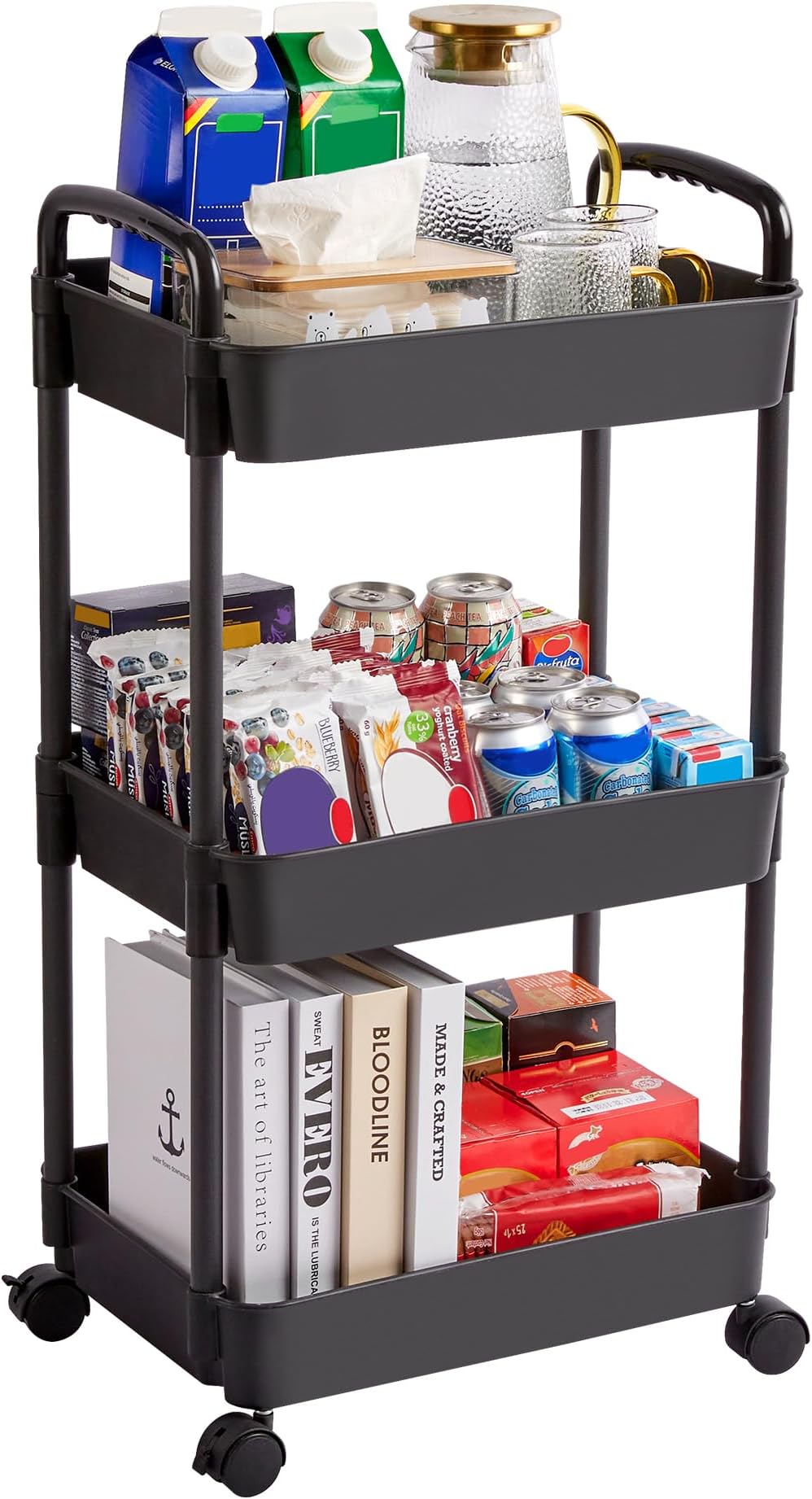 Vtopmart3 Tier Rolling Cart with Wheels, Detachable Utility Storage Cart with Handle and Lockable Casters, Storage Basket Organizer Shelves, Easy Assemble for Bathroom, Kitchen, Black