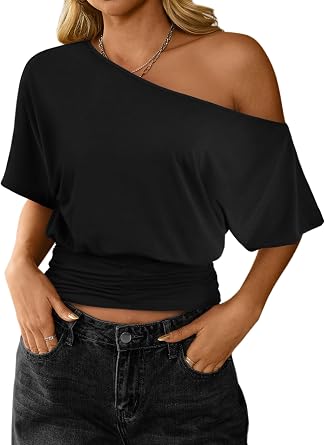 Hilinker Womens Off Shoulder Tops Dolman Ruched Shirt