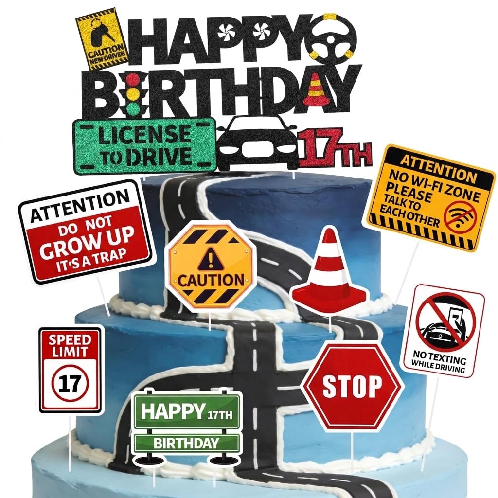 17th Birthday Cake Toppers for Teen Boy, Driving Theme Car Road Signs