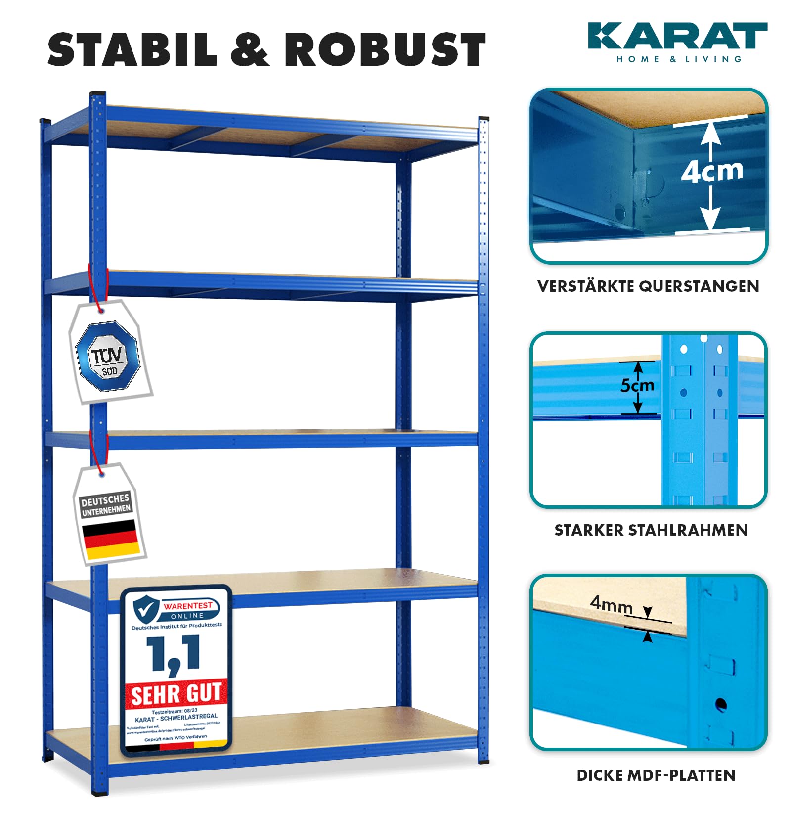 Karat Estantería para Cargas Pesadas, 180 x 90 x 60 cm, sin Tornillos, para sótano, de Metal, de Acero, 5 estantes Ajustables (Azul)