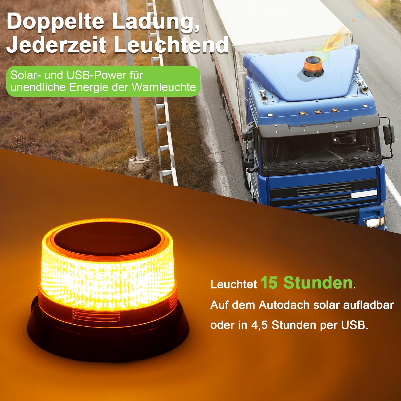 Pomarańczowe miganie z 90 diodami LED z magnesem | Akumulator | 2 tryby | Światło ostrzegawcze do ciężarówek, pojazdów budowlanych, traktorów, przyczep, pługów śnieżnych