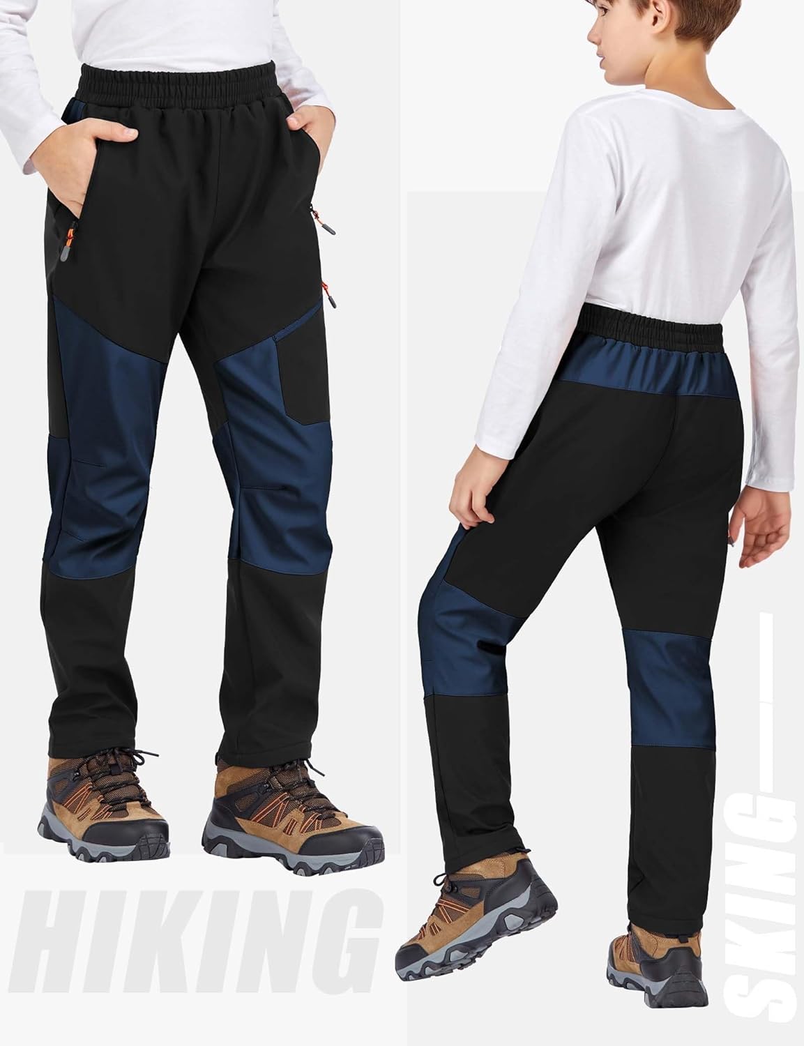 Kids Winter Pants Fleece Lined Waterproof Boys Ski Pants Thermal Outdoor Softshell with Zipper Pockets - Image 2