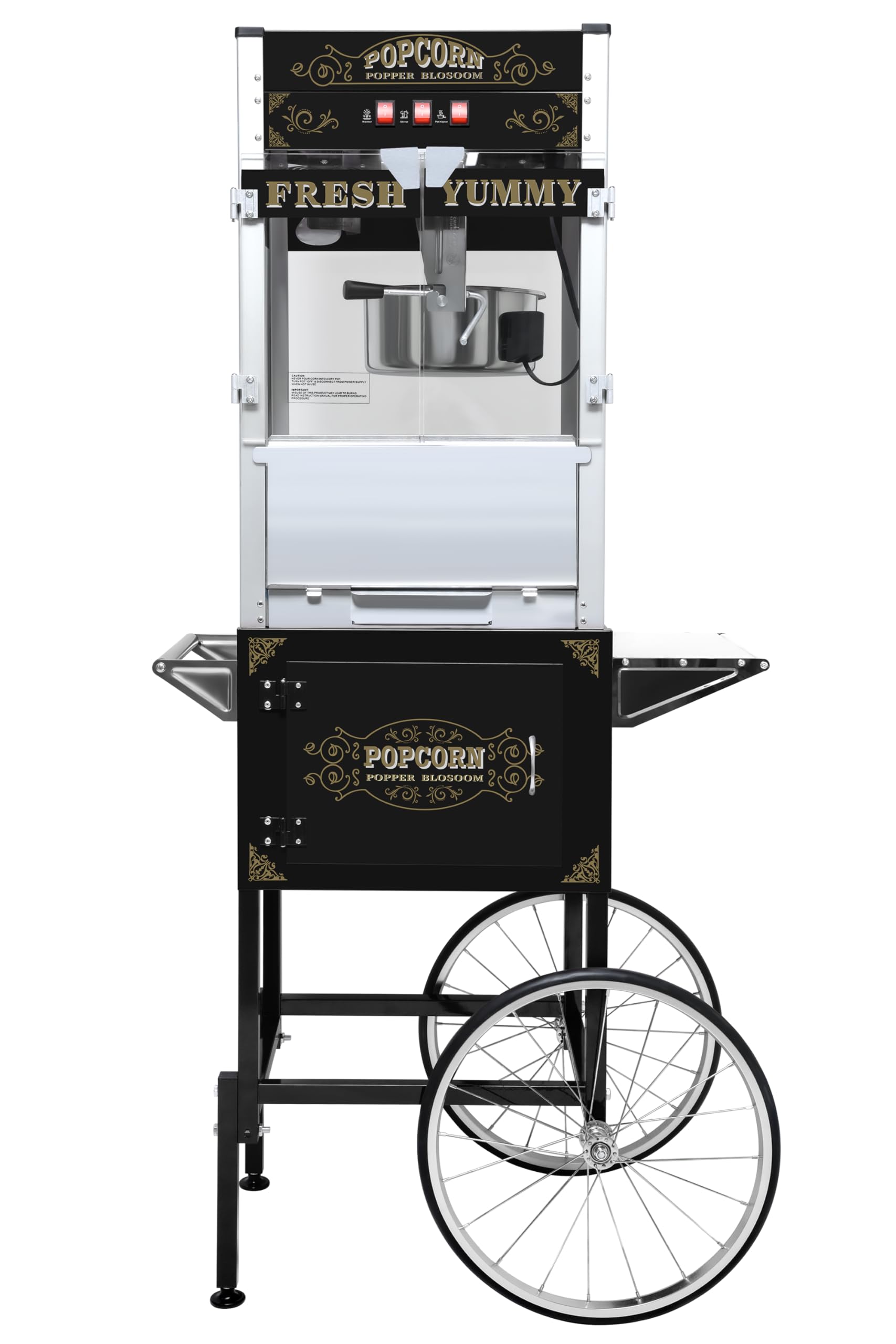 Popcorn Machine with Cart &amp; Wheels 丨 Popcorn Maker Machine with 20OZ Stainless Steel Kettle丨 Pop corn Machine Maker for Home, Theater, Parties, Black