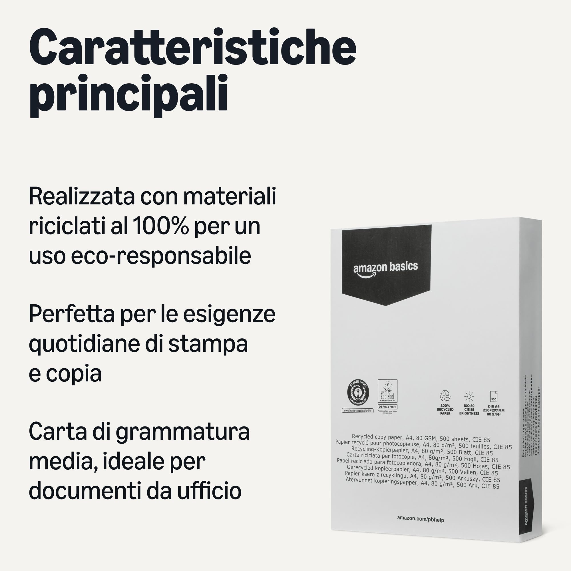 Amazon Basics Carta per fotocopie 100% riciclata, formato A4, 80 g/m², 2500 fogli (5 risme), colore: bianco naturale