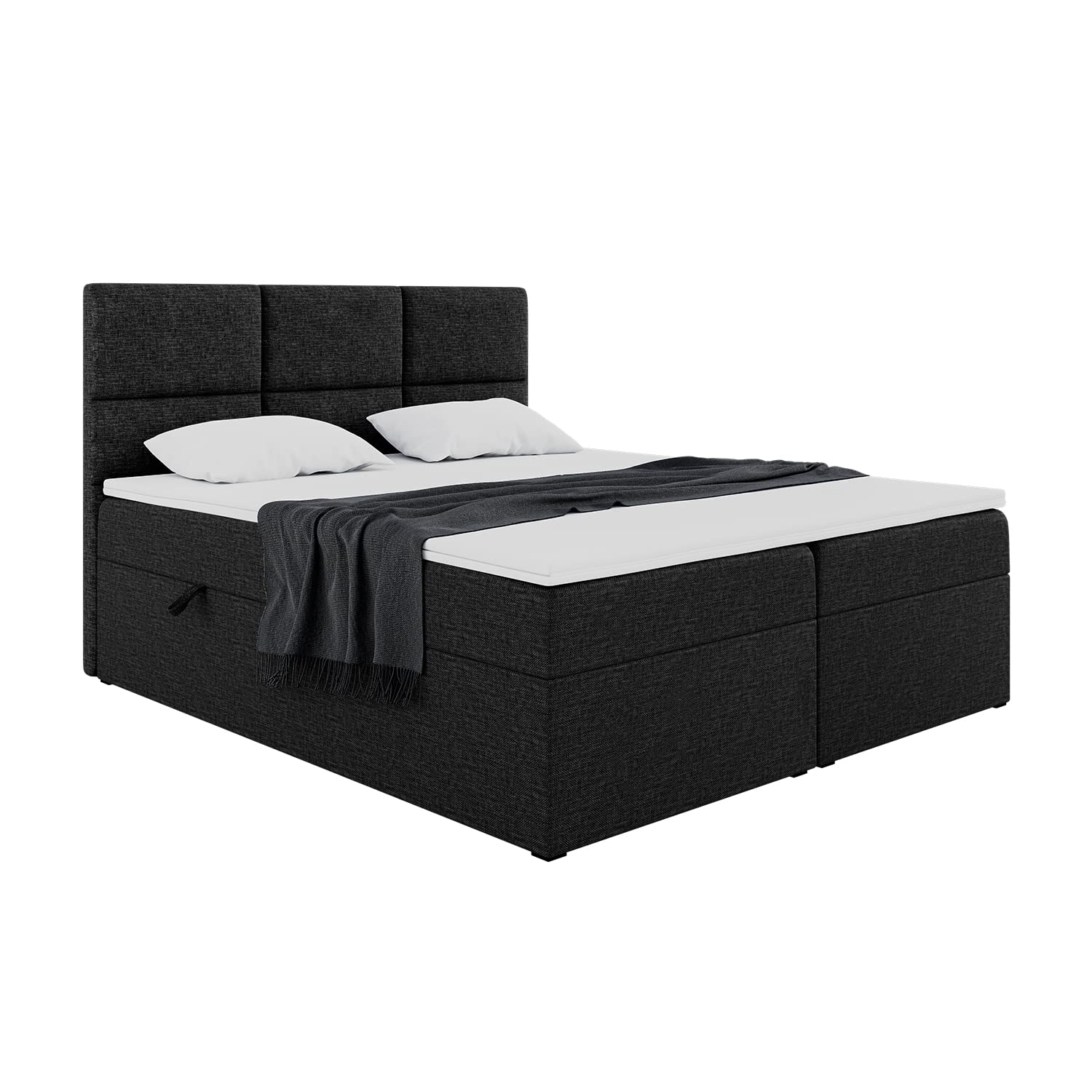 MEBLINI Boxspringbett mit Bettkasten - 200x200 - Gepolstert Doppelbett mit Matratze und Topper - Polsterbett mit Stauraum - Bett ohne Kopfteil - Stauraumbett - KYLIAN - H4/Schwarz Webstoff