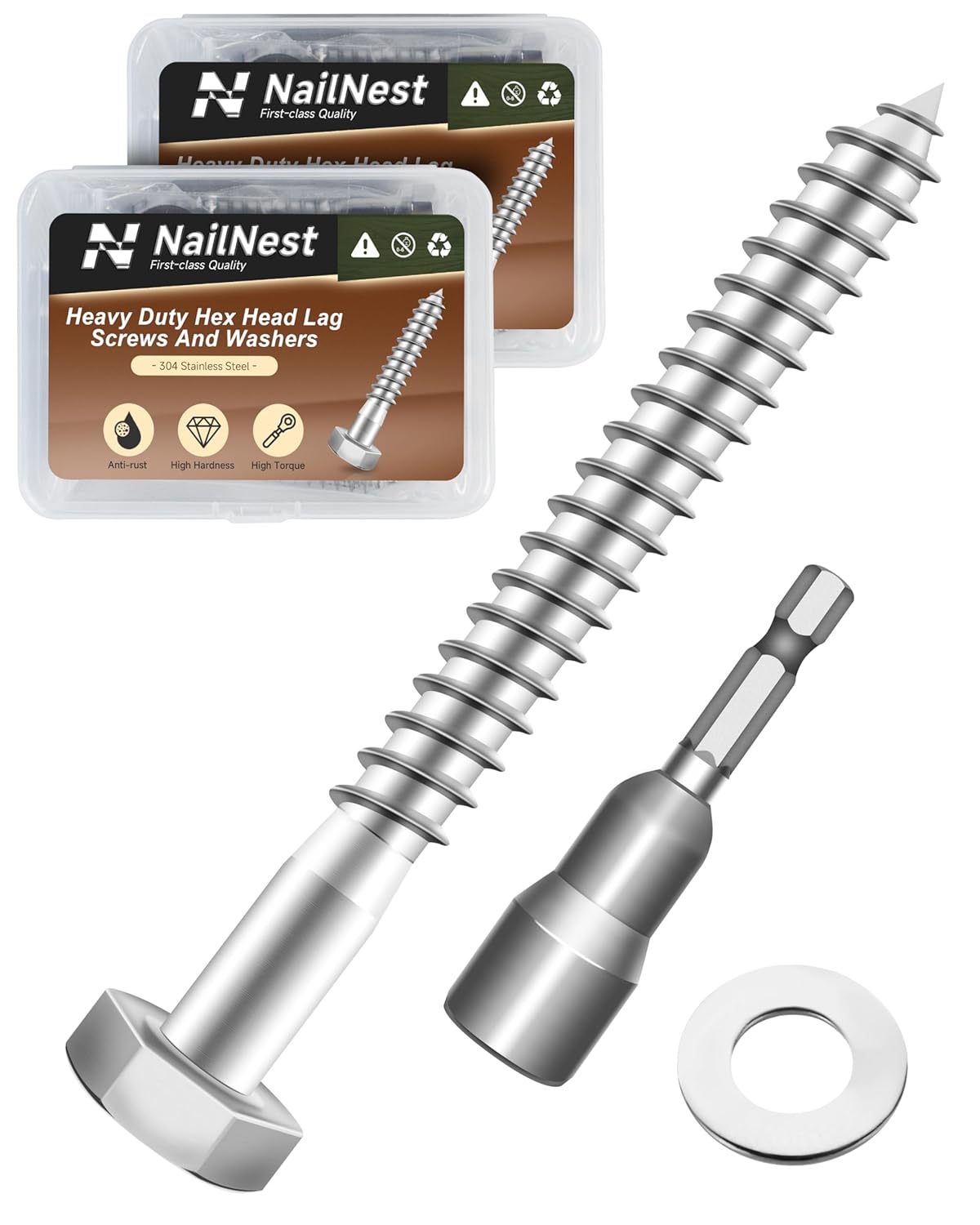 (1Box) 1/4" x 3" Hex Head Lag Screws Bolts with Flat Washers, 20Sets 304 Stainless Steel 18-8 Heavy Duty 1/4 Lag Bolts for Wood with Hex Socket