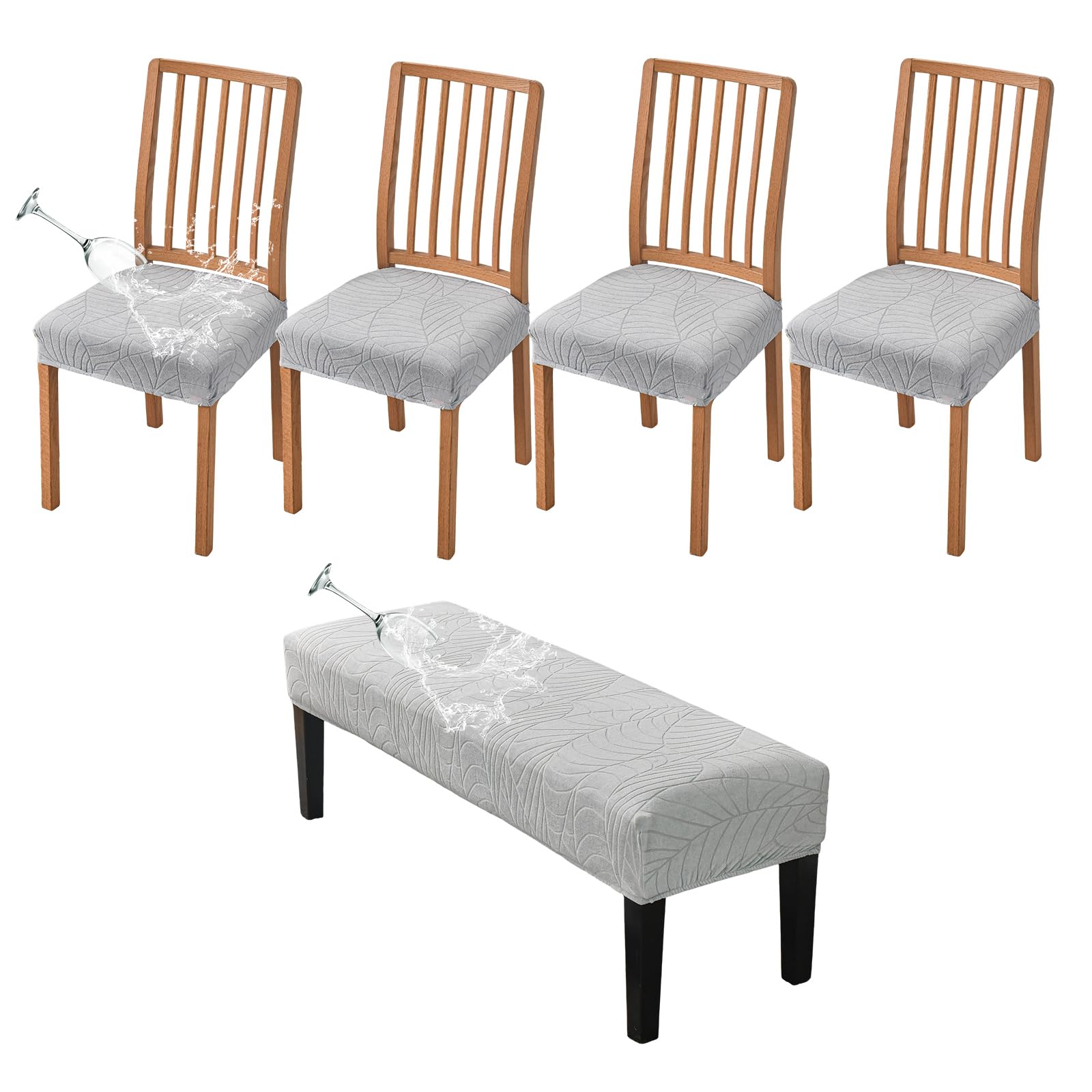CRFATOP Waterproof Dining Room Chairs Seat Covers Set of 4 with Stretch Bench Slipcover Jacquard Kitchen Chair Slipcover Washable Seat Cushion