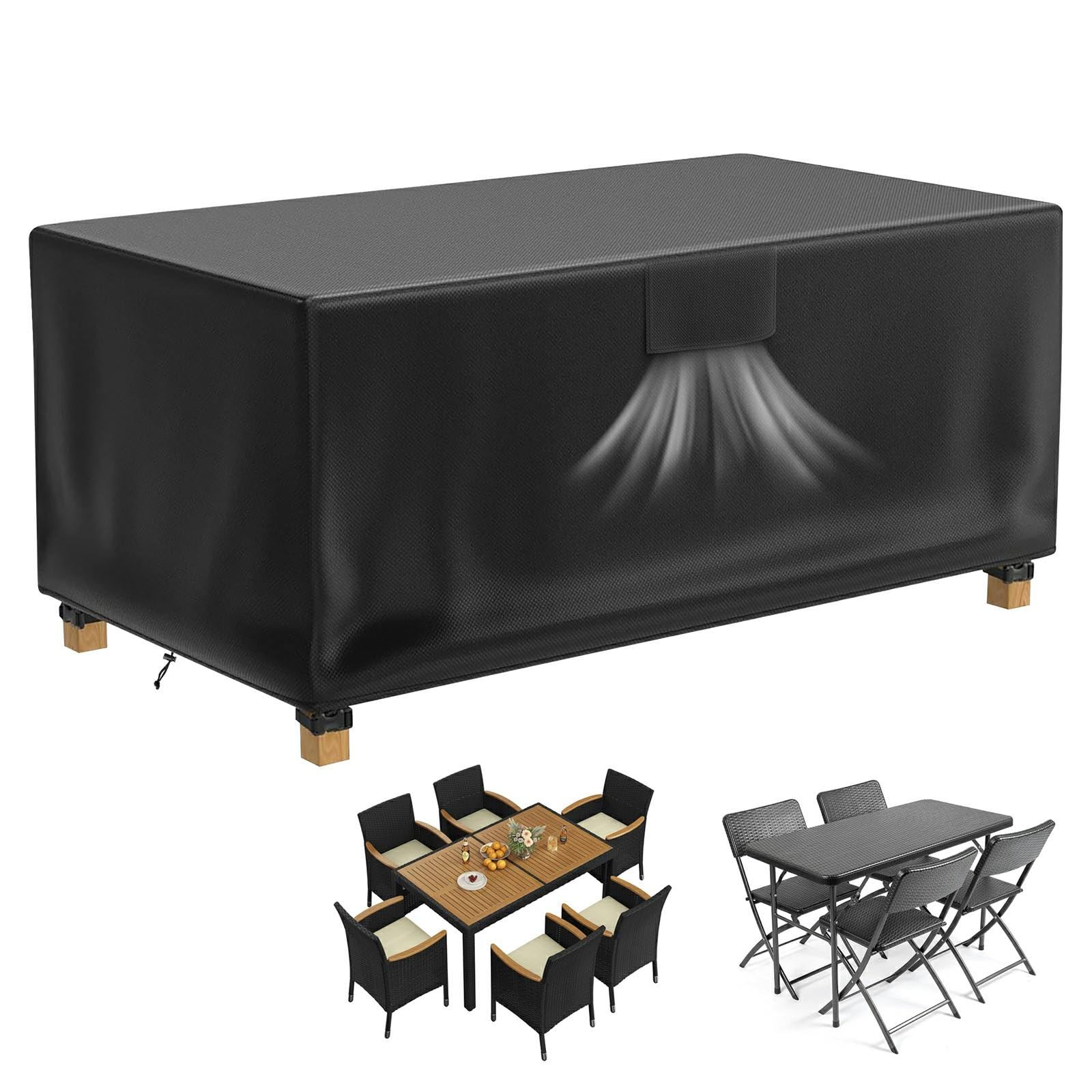 Raweao Black Waterproof Rectangular Garden Dining Set Cover 150X90x72cm, Heavy Duty 500D Anti‑Uv Windproof Outdoor Rattan Furniture Cover For 4-6 Seater Patio Table Chairs