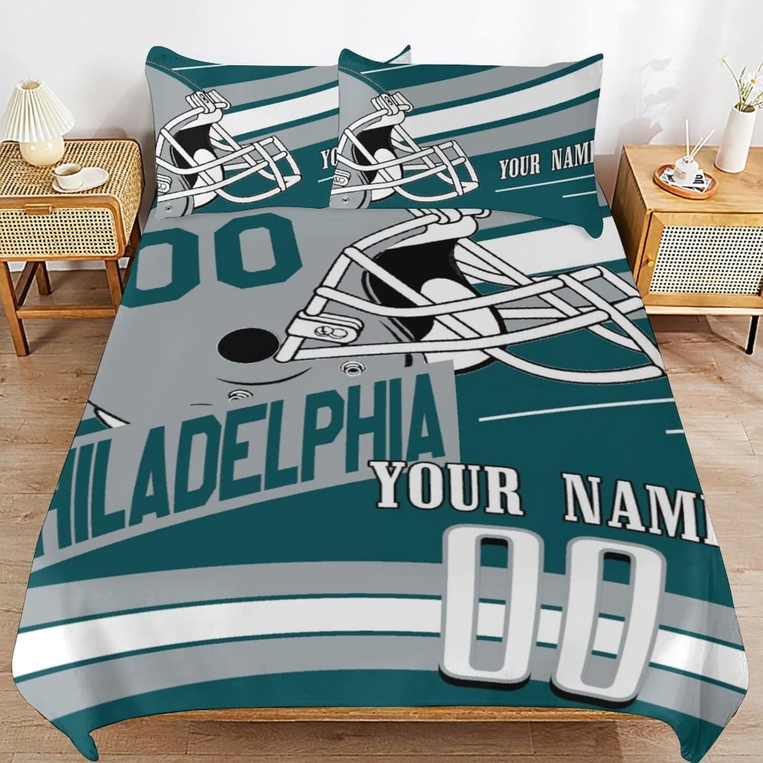Custom Football Bedding Personalized Name Number Quilt Bedding Set for Football Fans Customize 3 Piece(1 Bedding+2 Pillowcase) Full Size Bedding Set Lightweight Soft Bedroom Decor