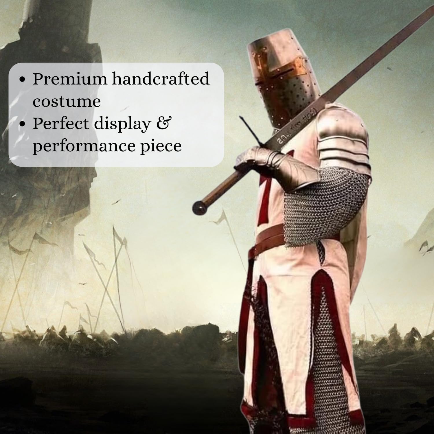 Medieval Templar Knight Full Armor Suit Cosplay | Silver Crusader Costume with Helmet, Gorget & Shoulder Armor | LARP Roleplay Halloween Renaissance.