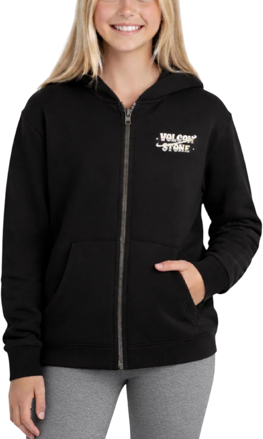 Volcom Girls Zip Up Hoodie - Cozy Fleece Zip Up Graphic Hooded Sweatshirt for Girls with Kangaroo Pockets and Ribbed Cuffs