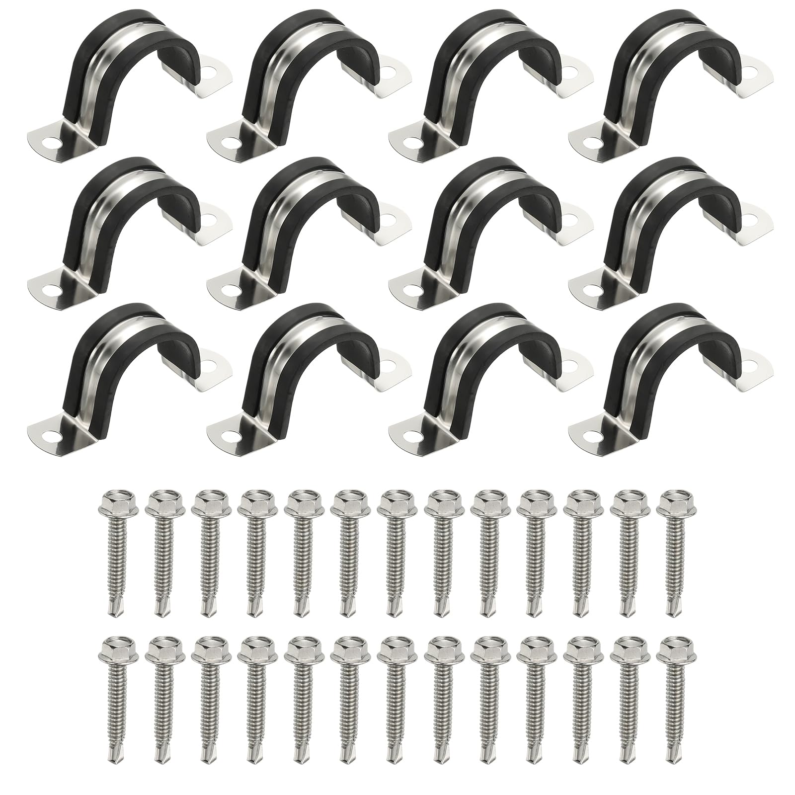 PATIKIL 12Pcs Pipe Clamps, 1-1/16 Inch 304 Stainless Steel Rubber Cushioned U Bracket Conduit Clamps Pipe Strap Wire Clips with Hexagonal Screw for Tube Hose Cord Installation, 27mm