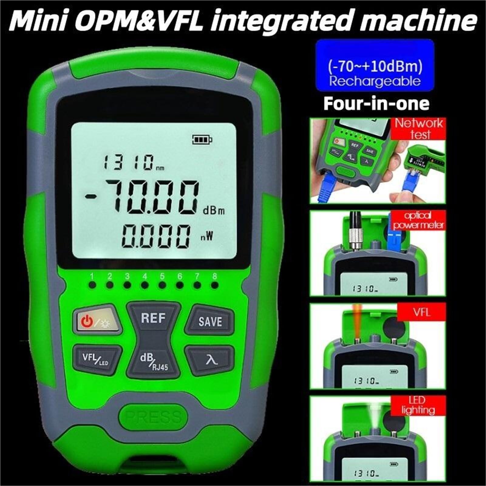 Probador de fibra óptica recargable 4 en 1, mini medidor potencia, -70 ~ +10 20MW pruebas red RJ45, iluminación LED para prueba