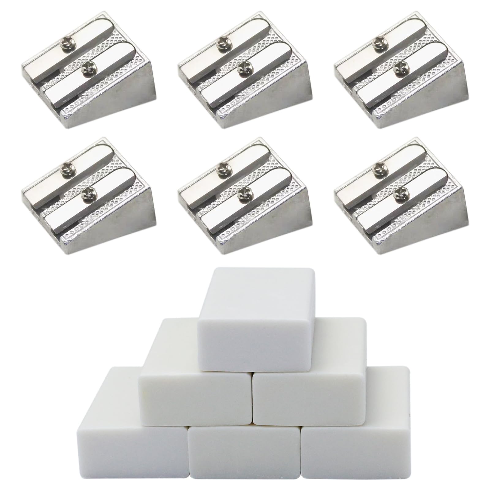 12Pcs Metal Pencil Sharpener and Eraser Set, 6Pcs Double Hole Pencil Sharpener & 6Pcs Pencil Erasers for Home School Office Supplies — image 1