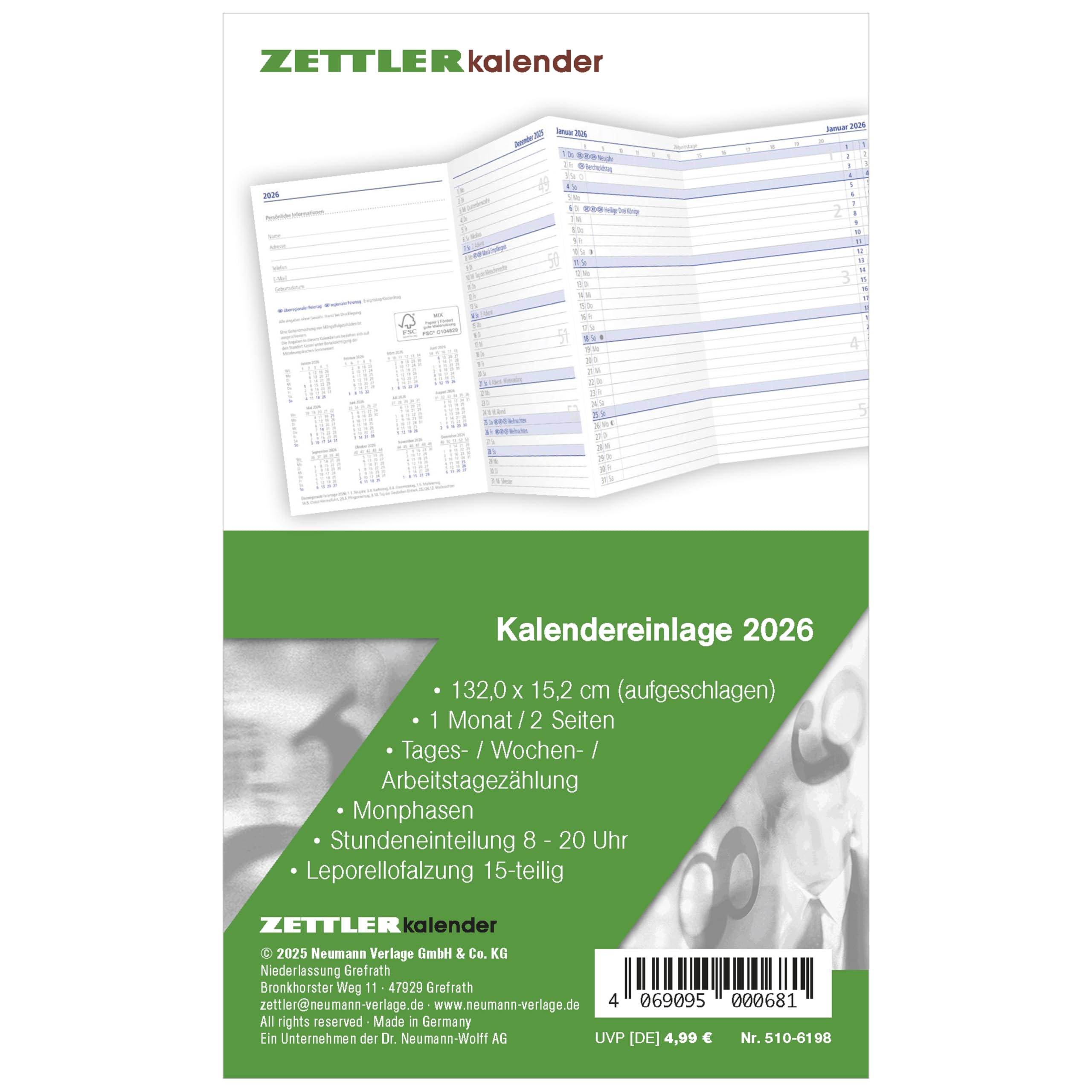 Zettler Kalenderersatzeinlage TP 1M/2S Leporello 2026 – Ersatzkalendarium 9 × 15 cm für Taschenplaner Typ 510, 1 Monat auf 2 Seiten, 15-teilige Leporellofalzung, Feiertage, Arbeitstage, FSC