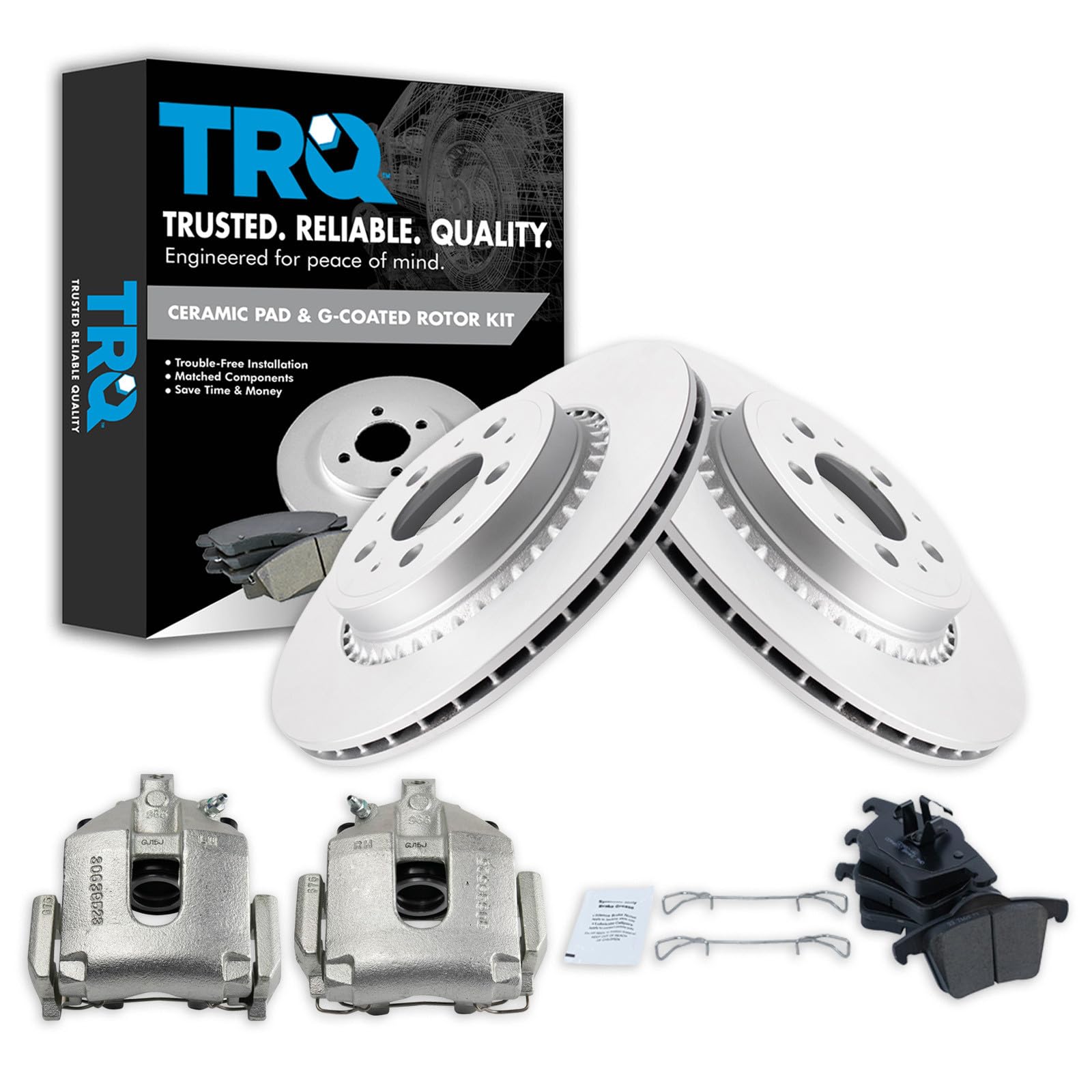 TRQ Rear Brake Pad and Rotor Set Ceramic G Coated Rotors Calipers