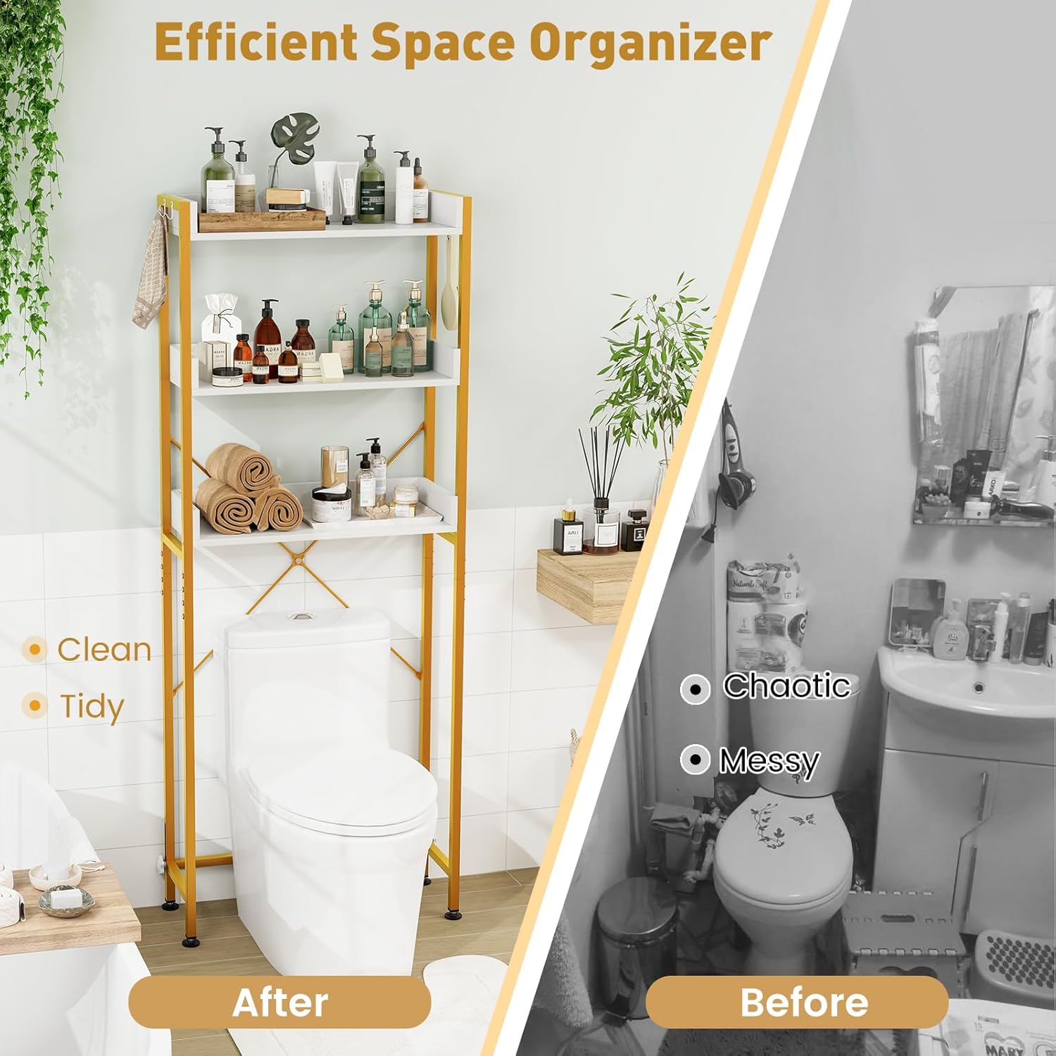 LOKO 3-Tier Over The Toilet Storage Rack, Bathroom Space Saver Shelf, Freestanding Above Toilet Organizer with 4 Hooks, Anti-Tipping Device, Metal Frame Toilet Rack for Balcony Laundry (White+Gold)