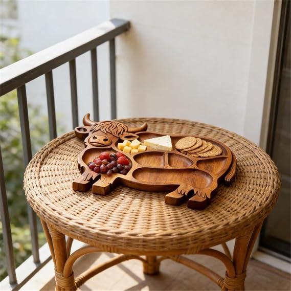 Highland Cow Wooden Charcuterie Board, Rustic Farmhouse Serving Platter with Divided Compartments, Multipurpose Cutting Board for Cheese Meat Fruit Snacks Home Party Holiday Gathering (A)